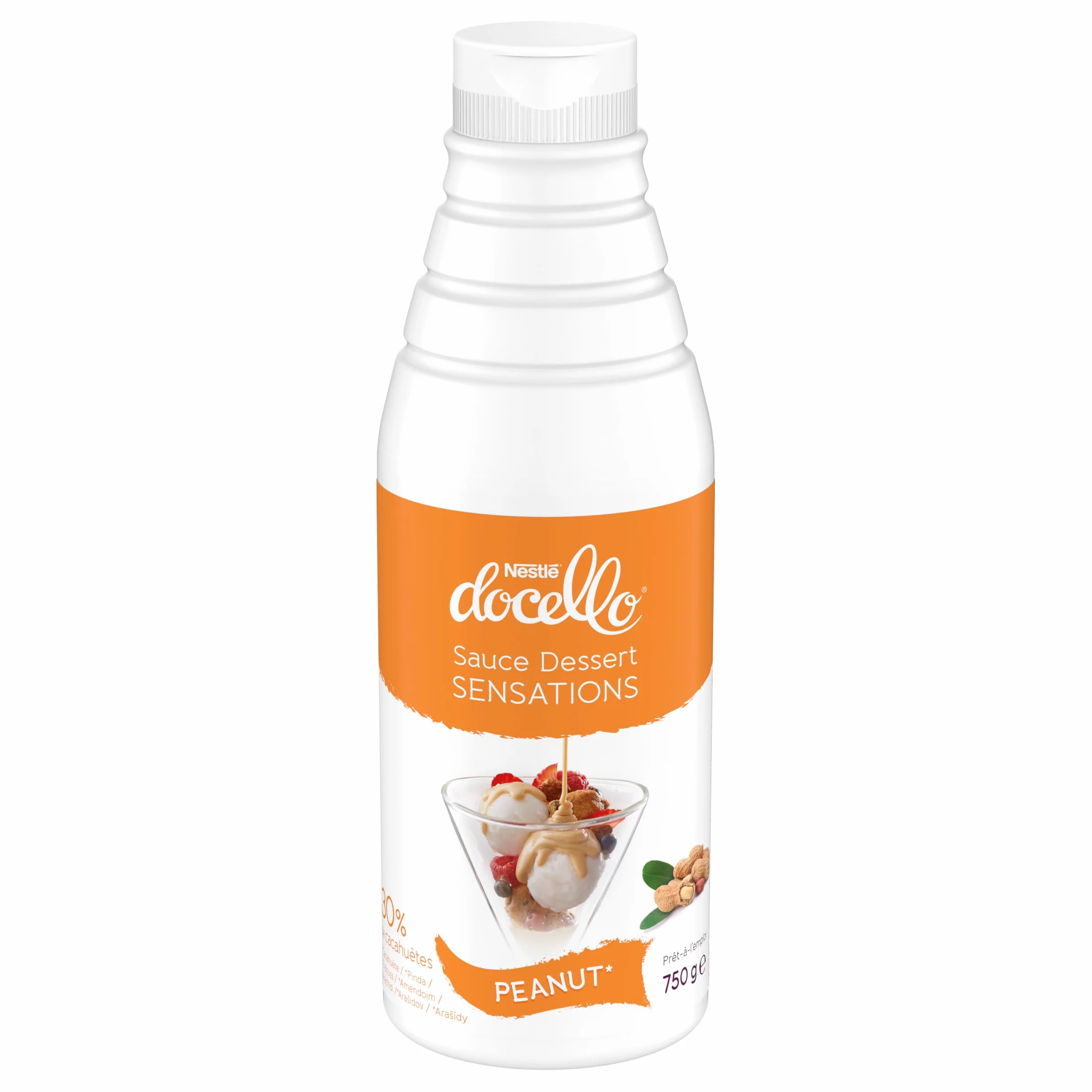 NESTLÉ DOCELLO Sauce Sensation Peanut - Sauce Dessert Cacahuète - Forte Teneur en Cacahuète (30%) - Aide à la Pâtisserie, Topping, Nappage Gâteau, Coulis - Bouteille Squeeze - 750g