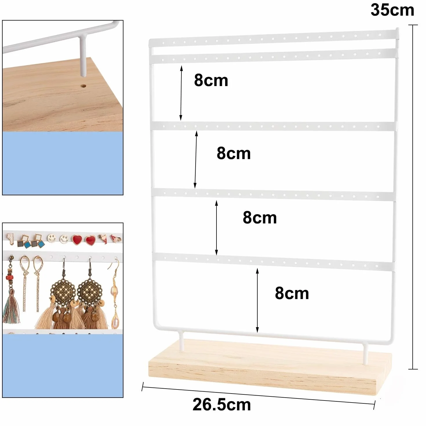 Porte-bijoux 100 trous organisateur boucles d'oreilles métal 5 niveaux base bois 35 x 27 cm blanc