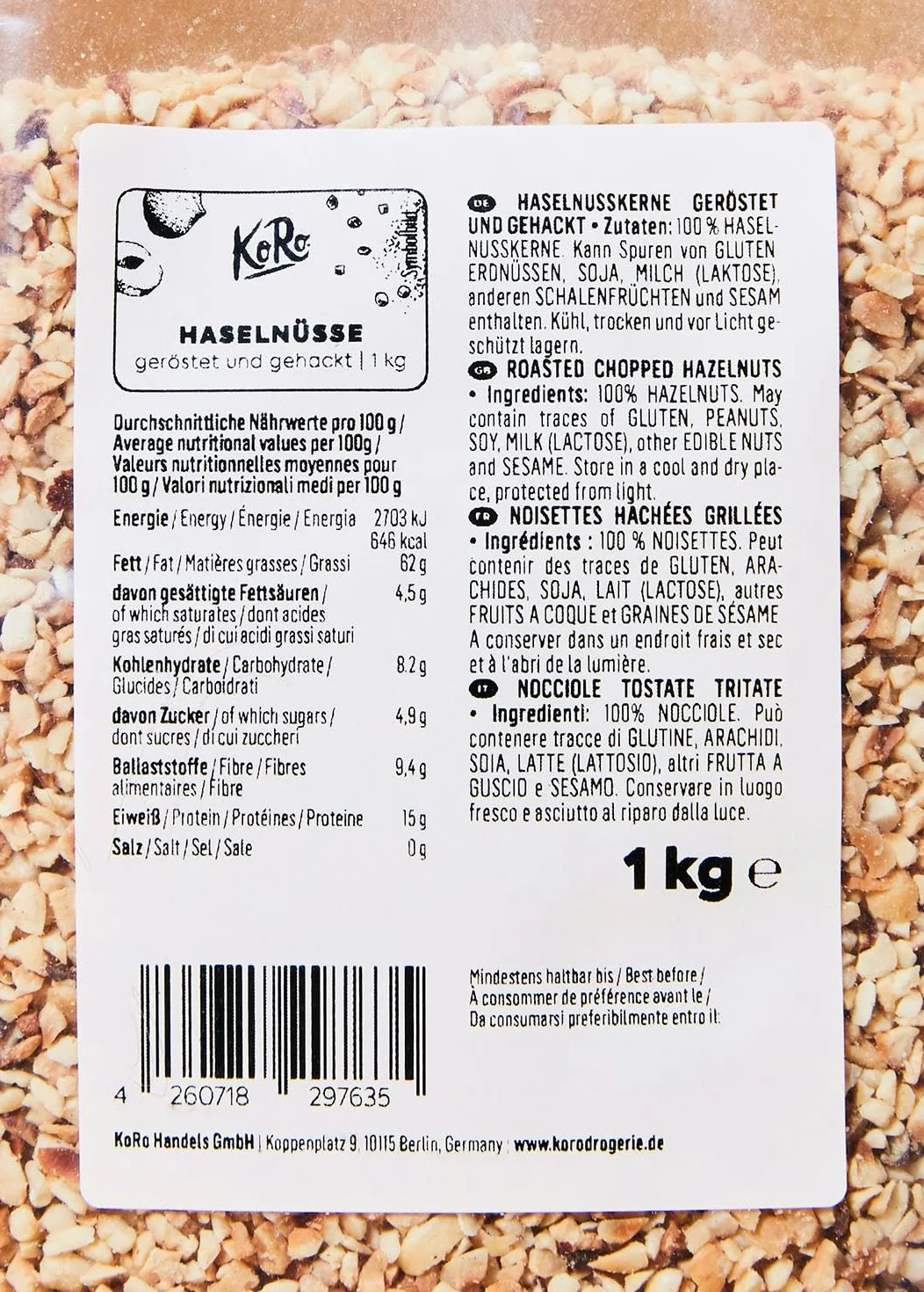 KoRo – Noisettes torréfiées et concassées 1 kg – Goût intense – Idéal pour la pâtisserie – Riche en fibres