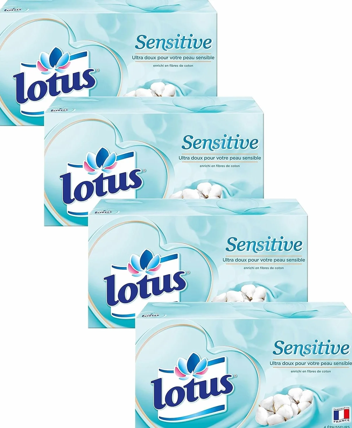 Lotus Sensitive 320 Mouchoirs blanc en boîte (Lot de 4 Boîtes x 80 Mouchoirs) 4 épaisseurs pour plus de confort - Offre Spéciale