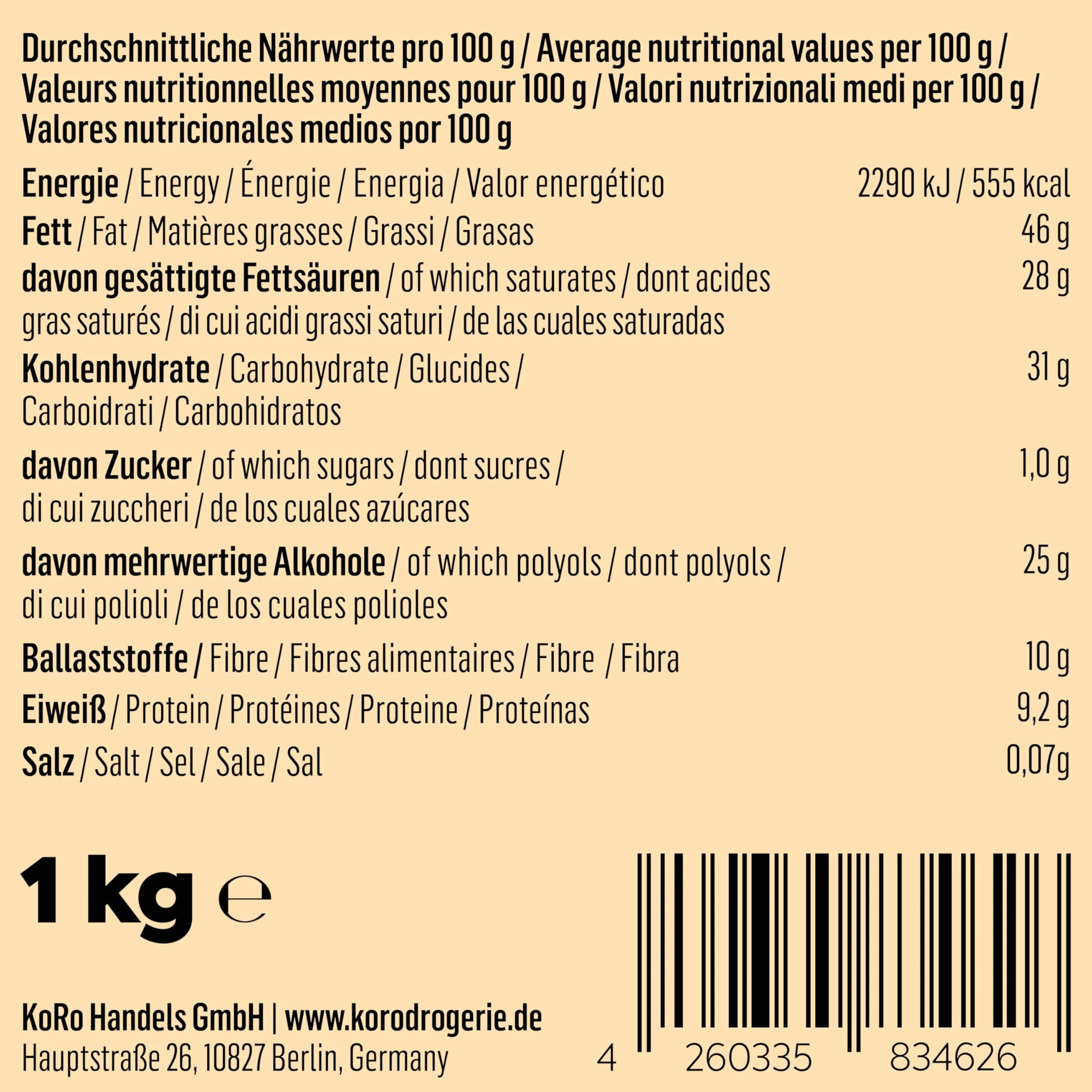 KoRo - Pépites de chocolat noir sans sucre 1 kg - Chocolat de couverture, 72% de cacao