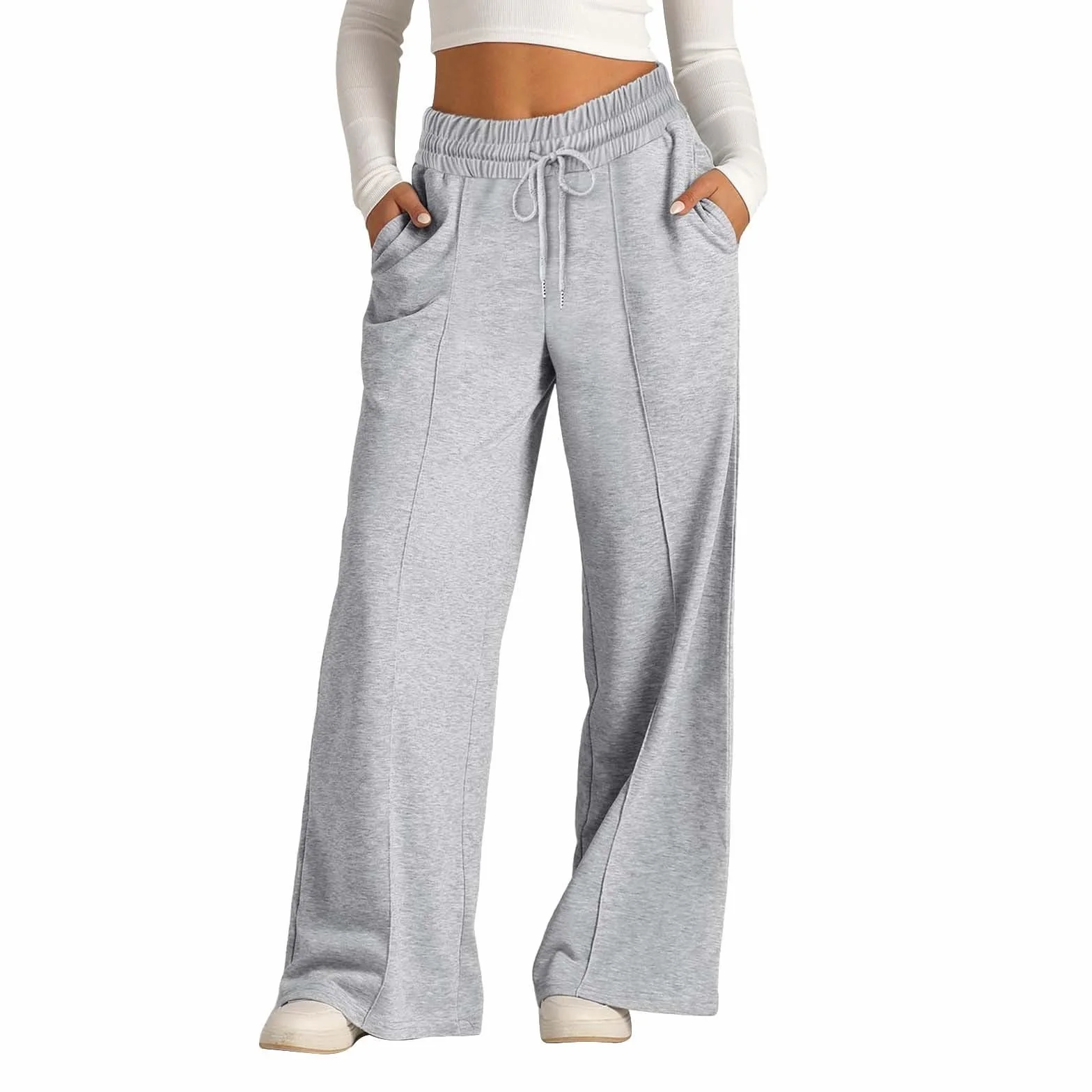 Pantalon de survêtement ample à jambe large taille haute pour adolescentes avec poches