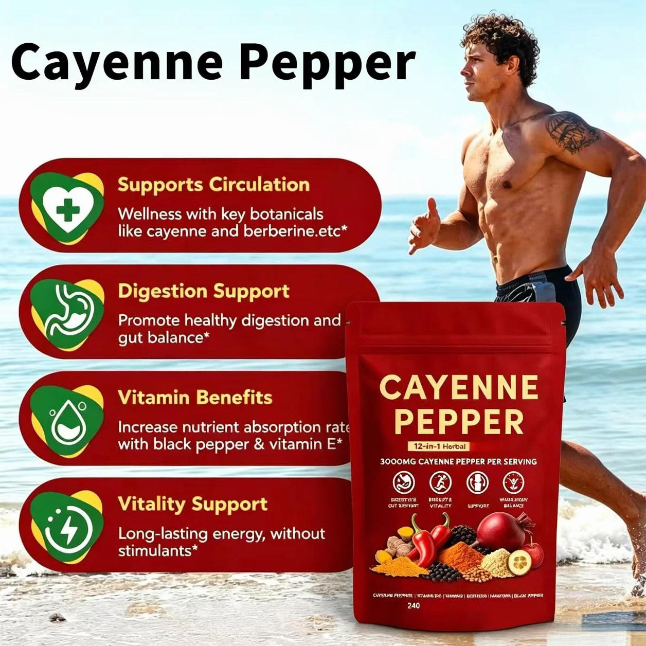 Complexe de poivre de Cayenne ， Améliore l'énergie et la vitalité, favorise la circulation sanguine, soutient en douceur la digestion et favorise l'équilibre