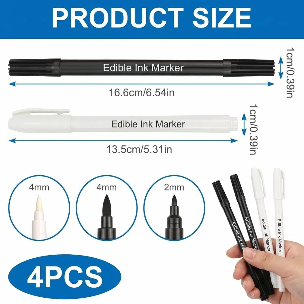 4 Feutre Alimentaire, Stylo Alimentaire Noir et Blanc Pâtisserie, Colorant Alimentaire Blanc Noir pour Décoration Gâteaux Biscuits Fondants Desserts DIY, Occasions Festives Occasions Festives