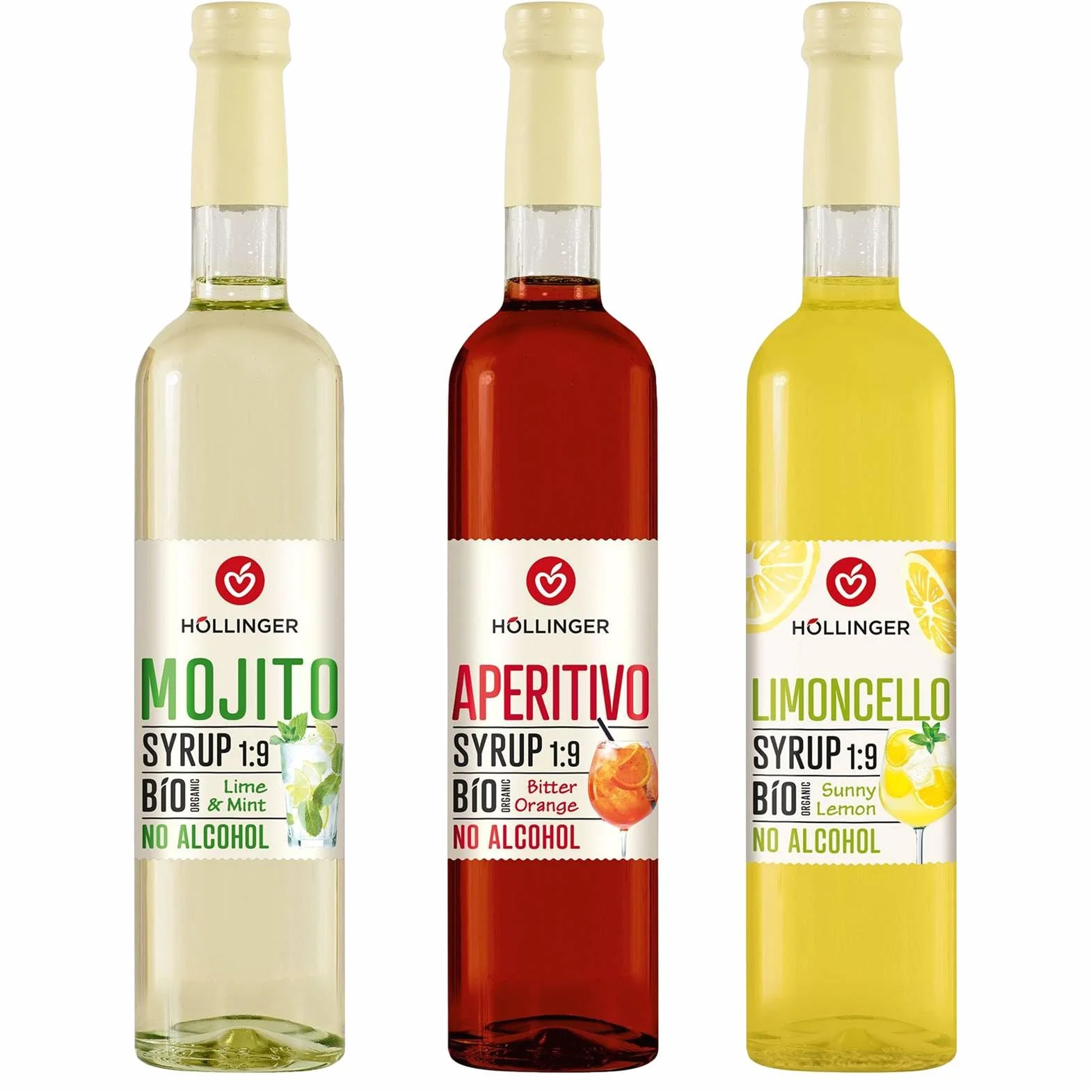Höllinger Lot de 3 Sirops Bio Sans Alcool, Mojito Citron Vert & Menthe, Aperitivo Orange Amère, Limoncello Citron, 500ml Chacun, Ratio 1:9