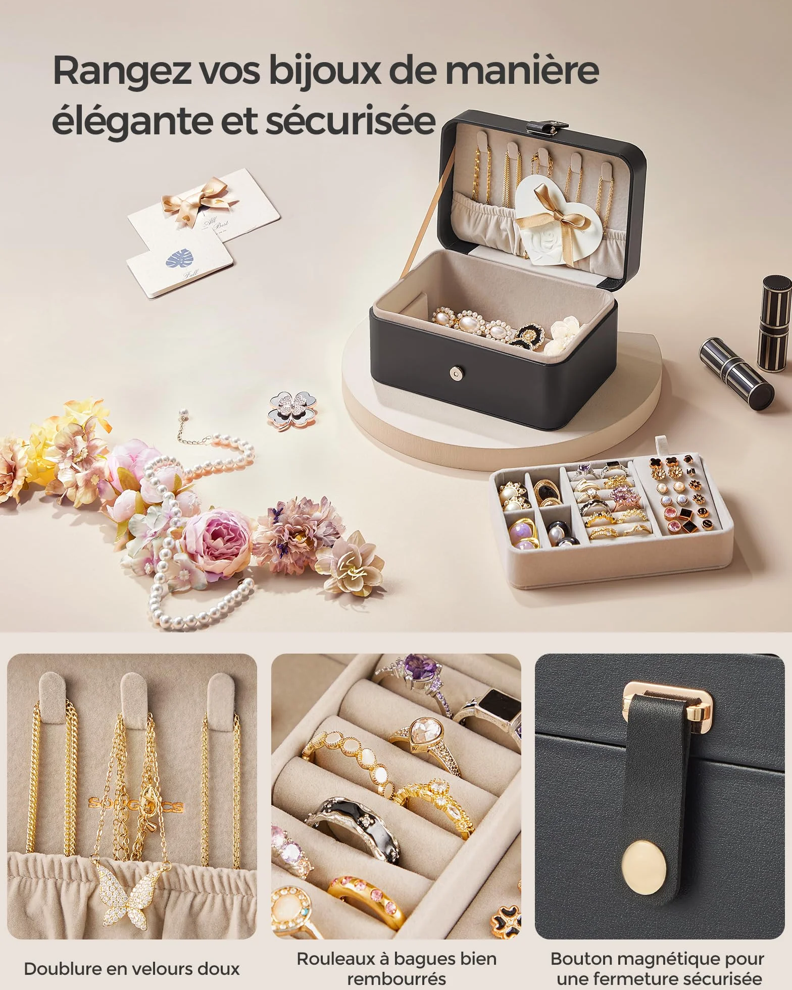 SONGMICS GISELLA Boîte à Bijoux de Voyage 2 Niveaux, Petit Écrin Portable, 11,6 x 16 x 7,5 cm, Noir