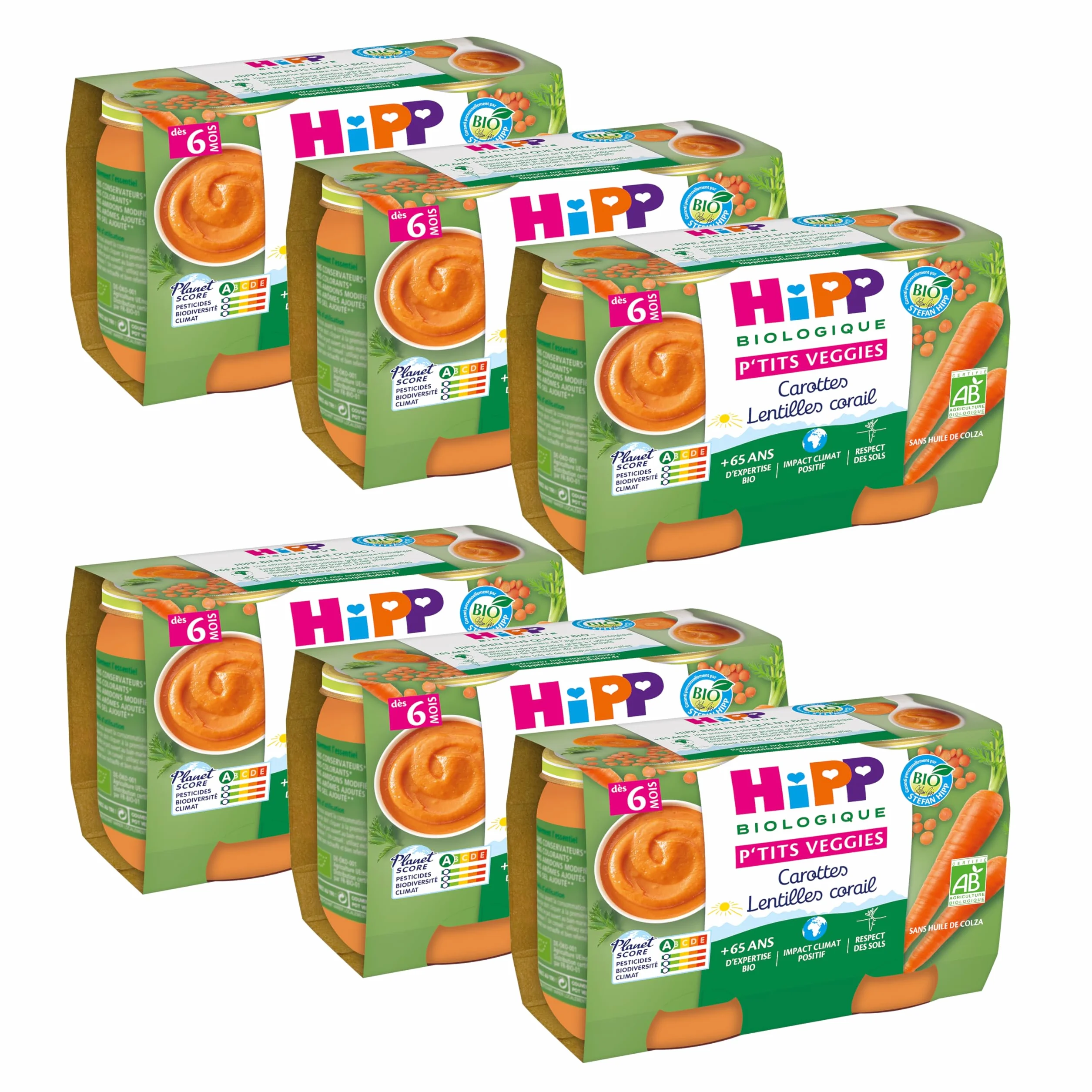 HiPP - P'tits Veggies - Carottes Lentilles Corail - Pots 2x125g - Lot de 6 - BIOLOGIQUE