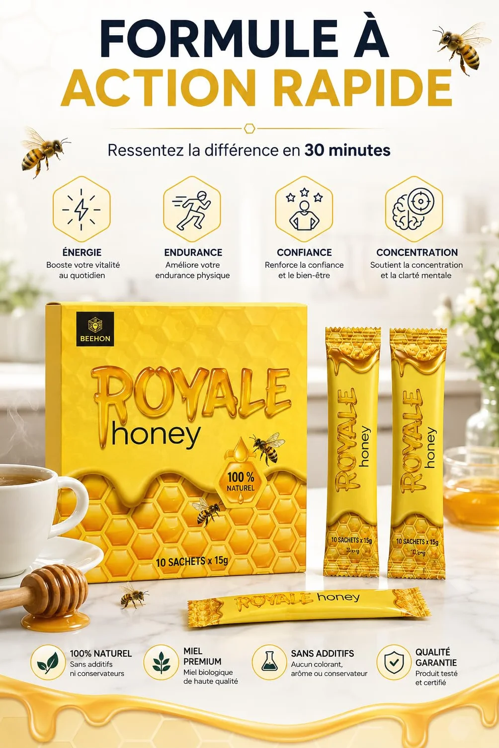 MIEL OR PRODUIT ALIMENTAIRE ROYALE 100% NATUREL INTENSE POUR HOMME EN STICKS - GINSENG FORMULE EFFICACE 10 SACHETS INDIVIDUELS FORMAT PRATIQUE