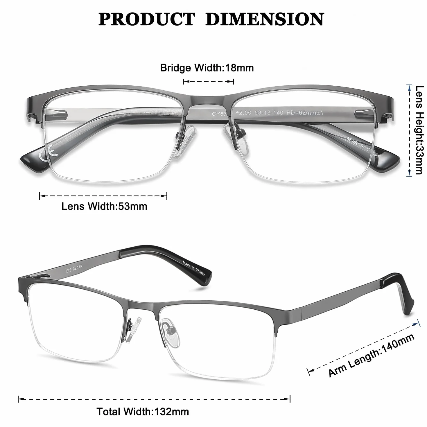Lunettes de Vue Lecture Hommes Acier Inoxydable +2.50 Amcedar