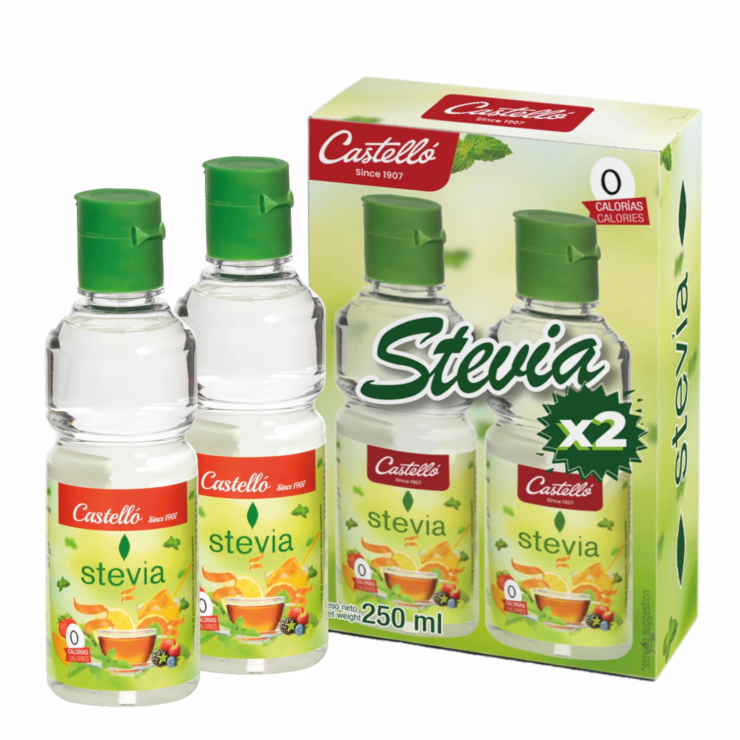 Castello since 1907 Stévia Liquide 2x125ml | 750 doses | 750 doses, 10 gouttes = 1 c.à.c de sucre, 0 Calorie - 0 Indice Glycémique - 0 Glucides nets, Keto, Végan