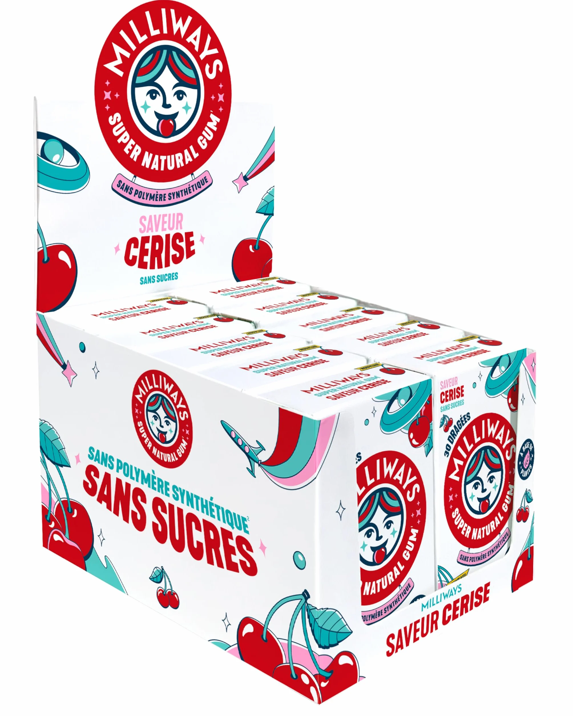 MILLIWAYS Chewing gum sans sucres à la cerise 10 boîtes 30 dragées 60g Xylitol