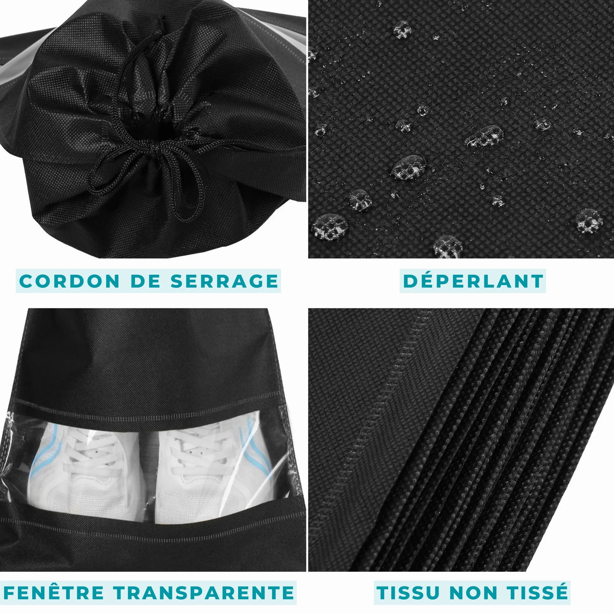 Sacs à Chaussures de Voyage Étanches, Grand Organisateur de Rangement avec Cordon de Serrage et Fente Transparente, 10 Pièces, Noir
