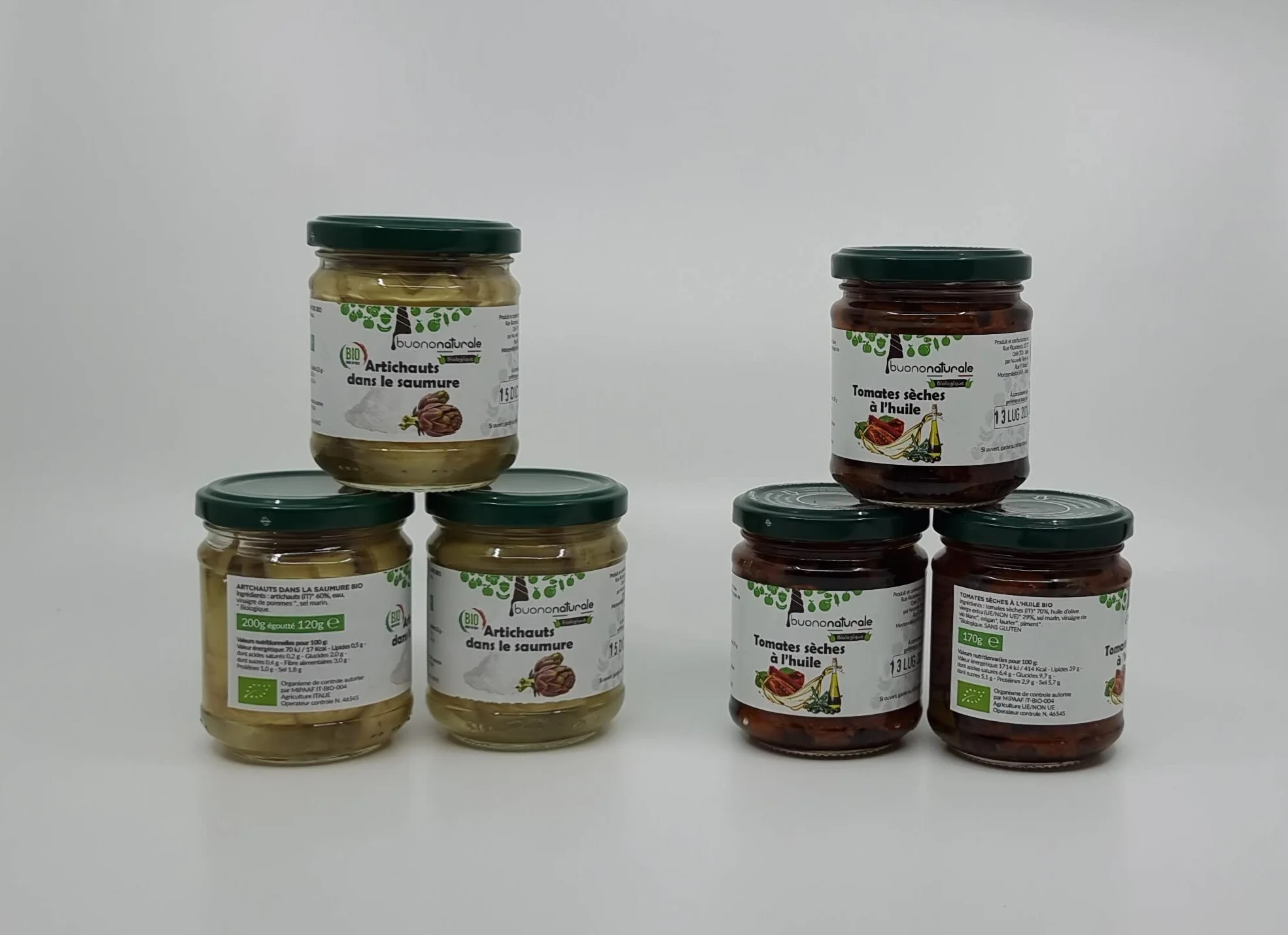 buononaturale Boîte aux artichauts et tomates BIO 1,11g — pack mixte de 3pcs Tomates séchées à l’huile BIO (3x170g) et 3pcs Artichauts dans le saumure BIO (3x200g)