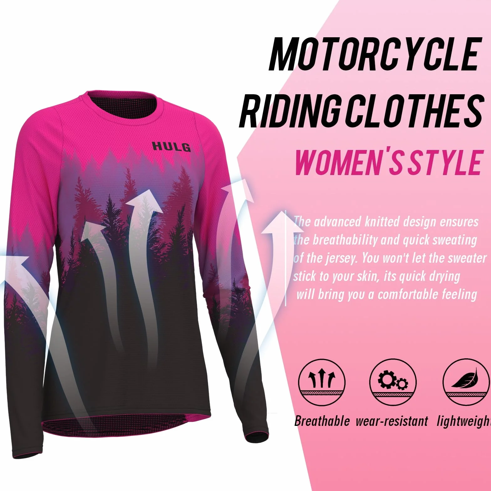 HULG Maillot de Cyclisme Femme Manches Longues, VTT, 100% Polyester, Séchage Rapide, Respirant