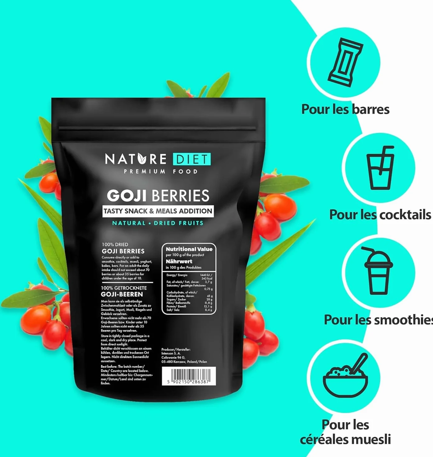 Nature Diet Baies de Goji | 500 g | Riches en Fibres & Protéines | Vegan, Sans Gluten & Sans Lactose | Non OGM | Idéal pour Snacks, Smoothies & Pâtisserie