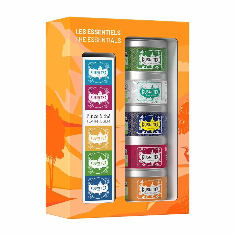 Kusmi Tea - Coffret "Les Essentiels" + Pince à Thé - Assortiment de Thés Bio - Idée Cadeau Homme et Femme - Thés Noirs, Thés Verts et Infusions - Fabriqué en France - 5 Boîtes de 25g