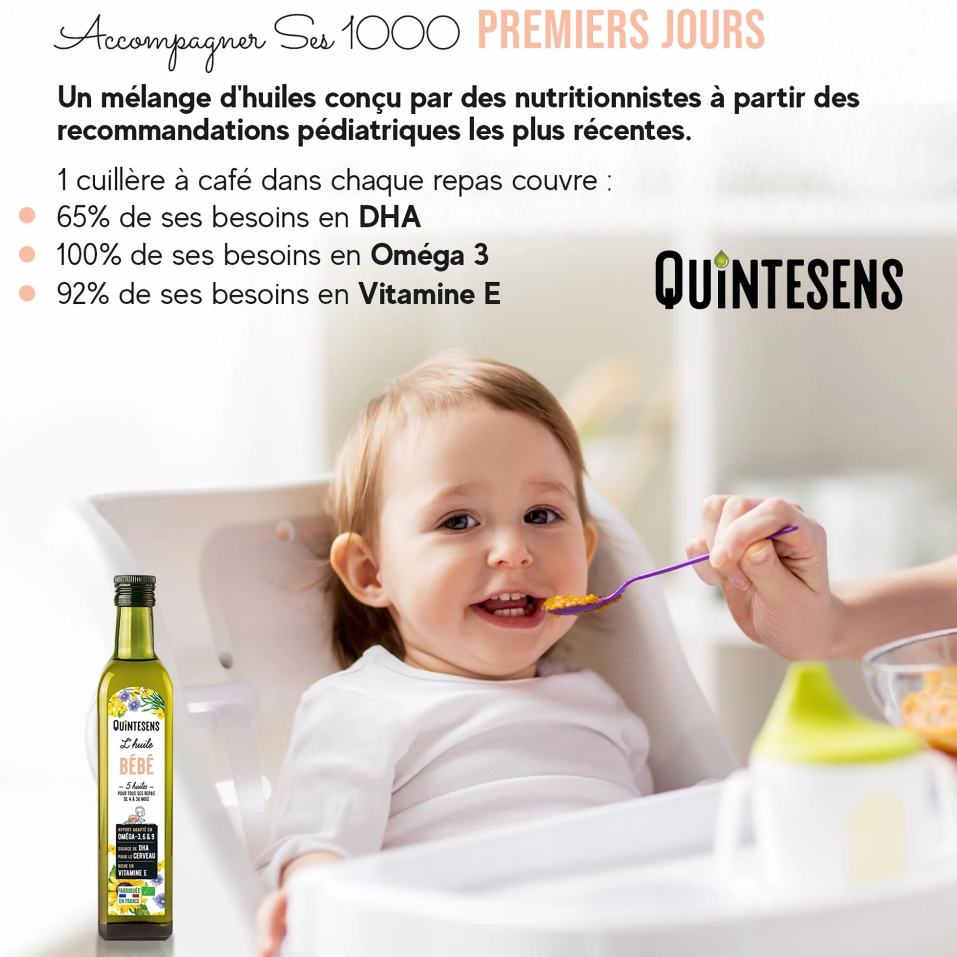 Lot 3 Huiles Bébé QUINTESENS 250 ml - Développement cérébral et Protection cellulaire - Apports en DHA, Oméga 3, 6 & 9 et Vitamine E - Production 100% Française - 4-36 Mois