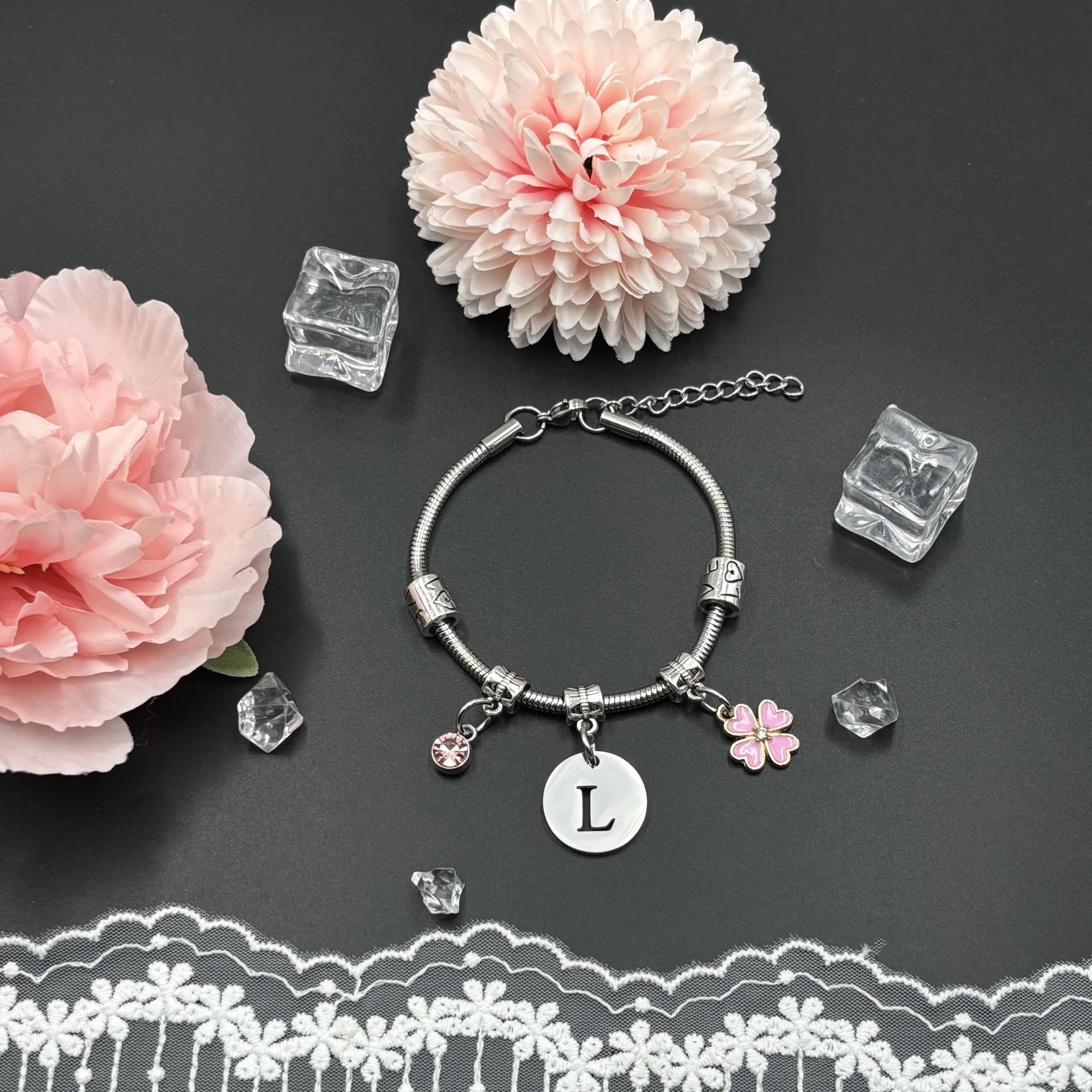 Bracelet Lettre Initiale Prénom Argent Femme Pendentif Bijoux Cadeau Original Anniversaire