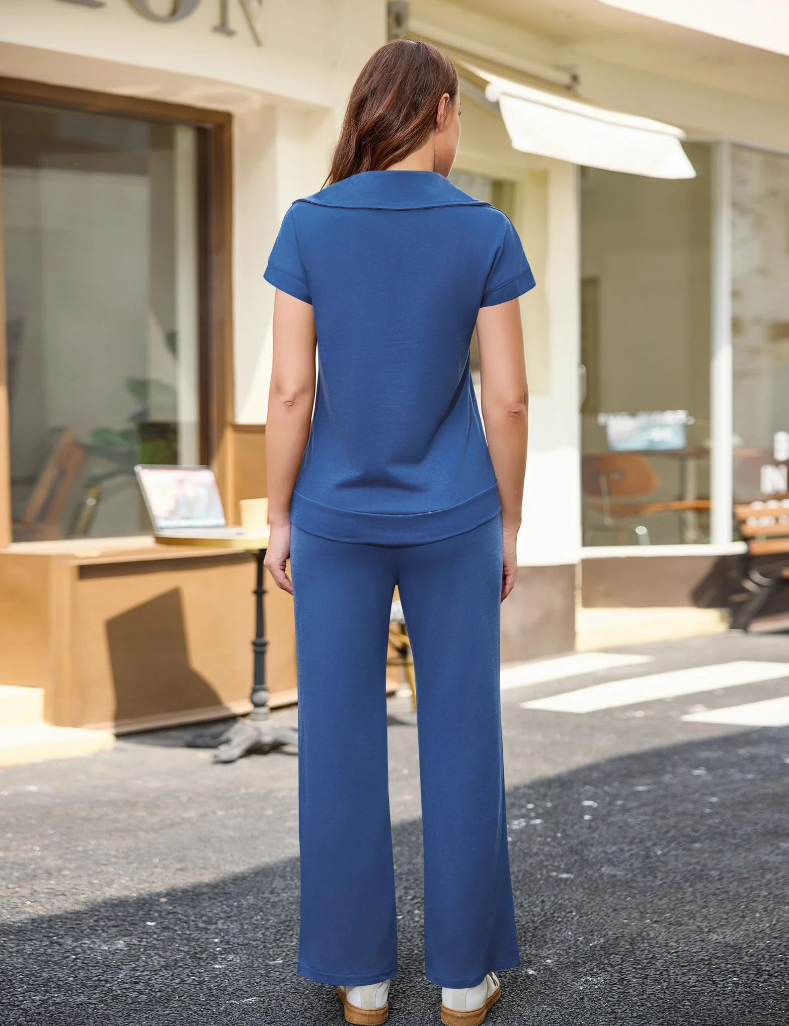 Aottori Survêtement Femme Sport 2 Pièces Jogging Manches Courtes Pantalon Yoga Fitness Zippé Poches