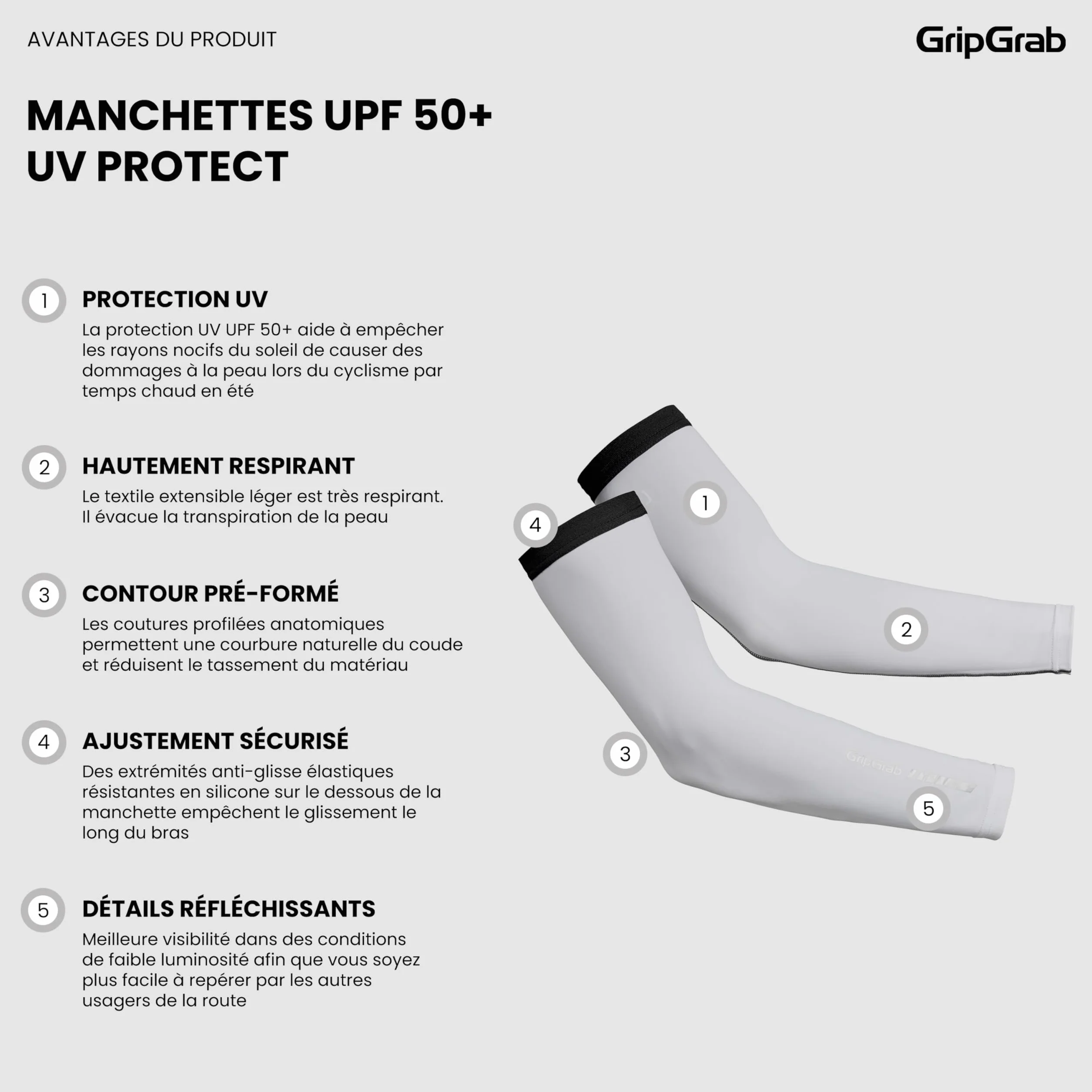 GripGrab UV Sleeves UPF 50+ Manchettes Vélo Protection Soleil Cyclisme Antidérapantes