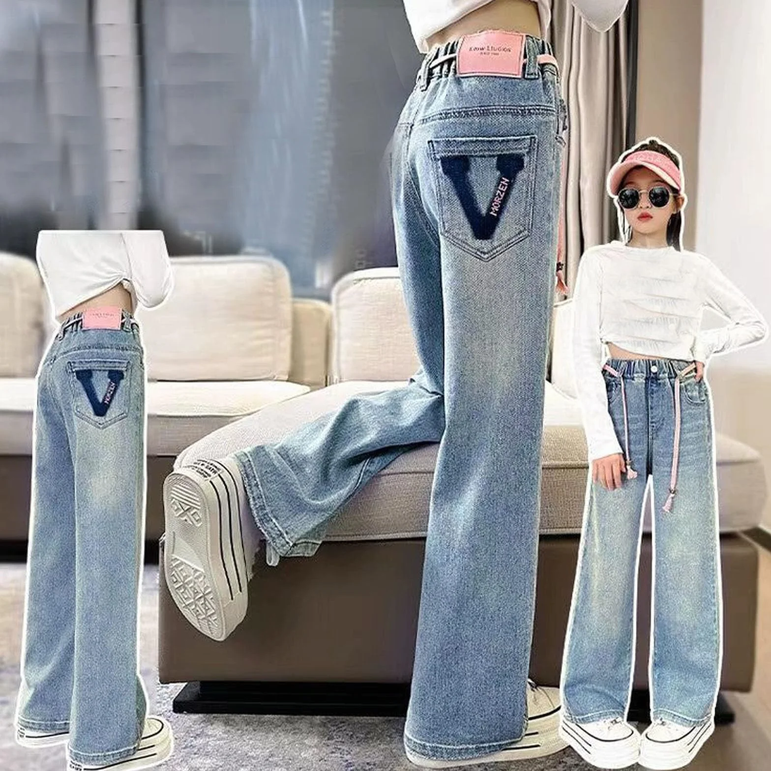 Jean pour fille Coupe droite Taille élastique Confortable Printemps été