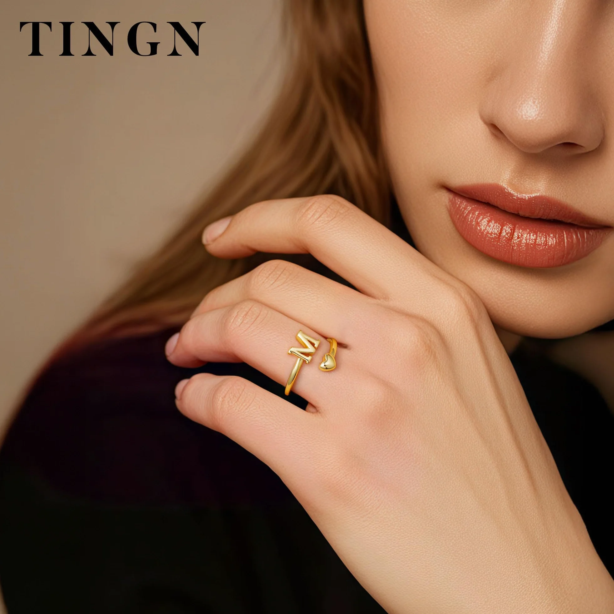 Bague en or plaqué 14 carats étanche motif cœur avec lettres empilable