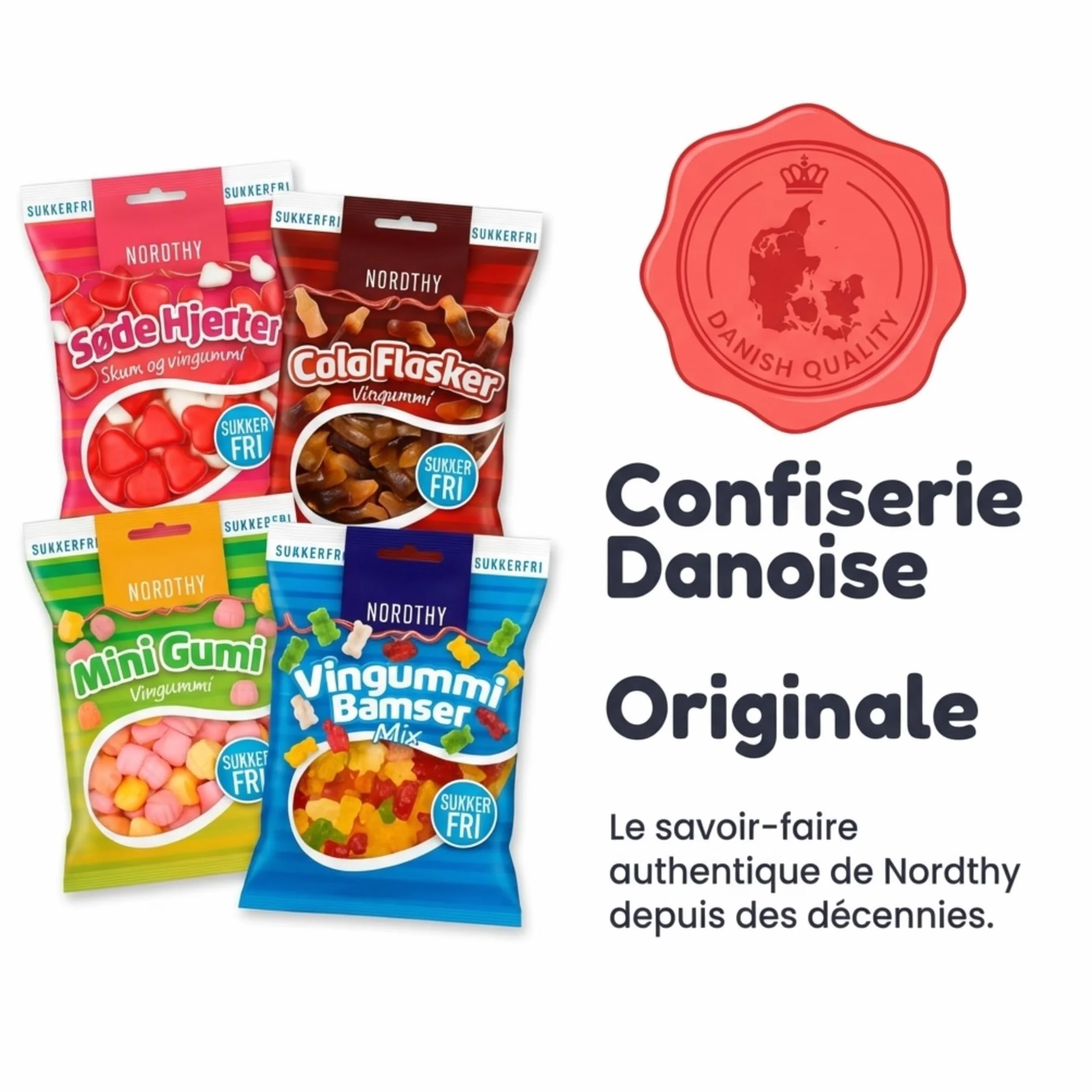 Nordthy Bonbons Gélifiés Sans Sucre 290g – Mélange de Gummies Danois – Oursons, Bouteilles Cola, Cœurs & Mini Gums – Confiserie Faible en Calories