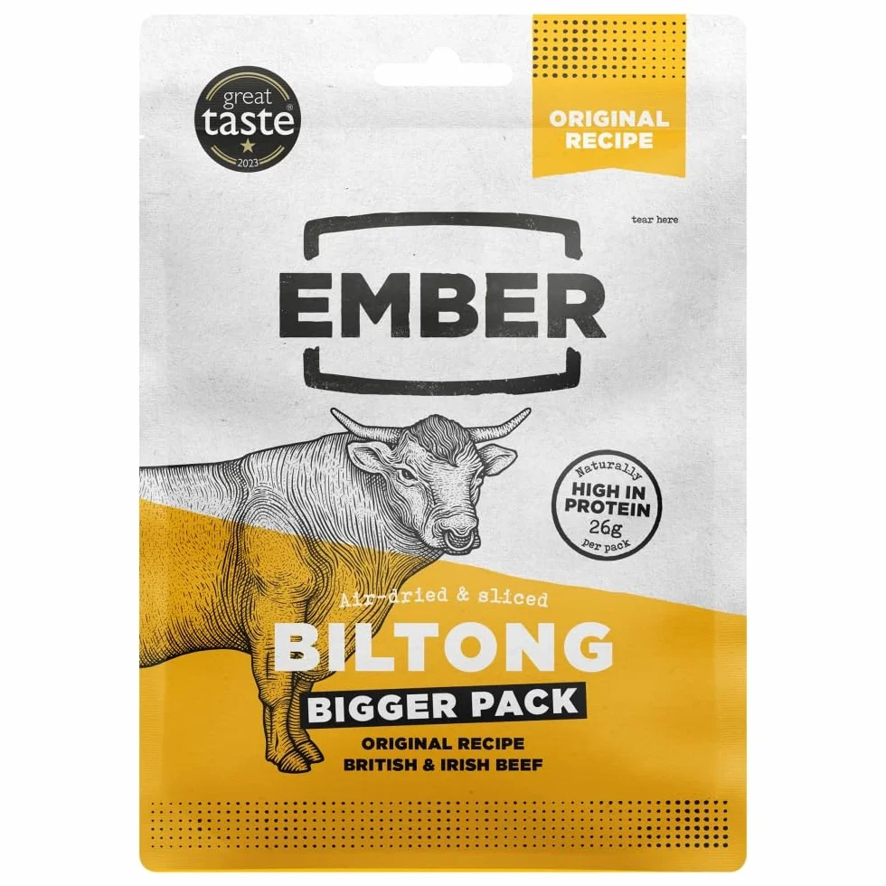 Ember Snacks: Biltong Beef Jerky Saveur Original (10x 25g) / Boeuf séché riche en protéines. Collation à emporter faible en gras & calories/Origine UK et Irlande [Poids peut varier ente 25g et 28g]
