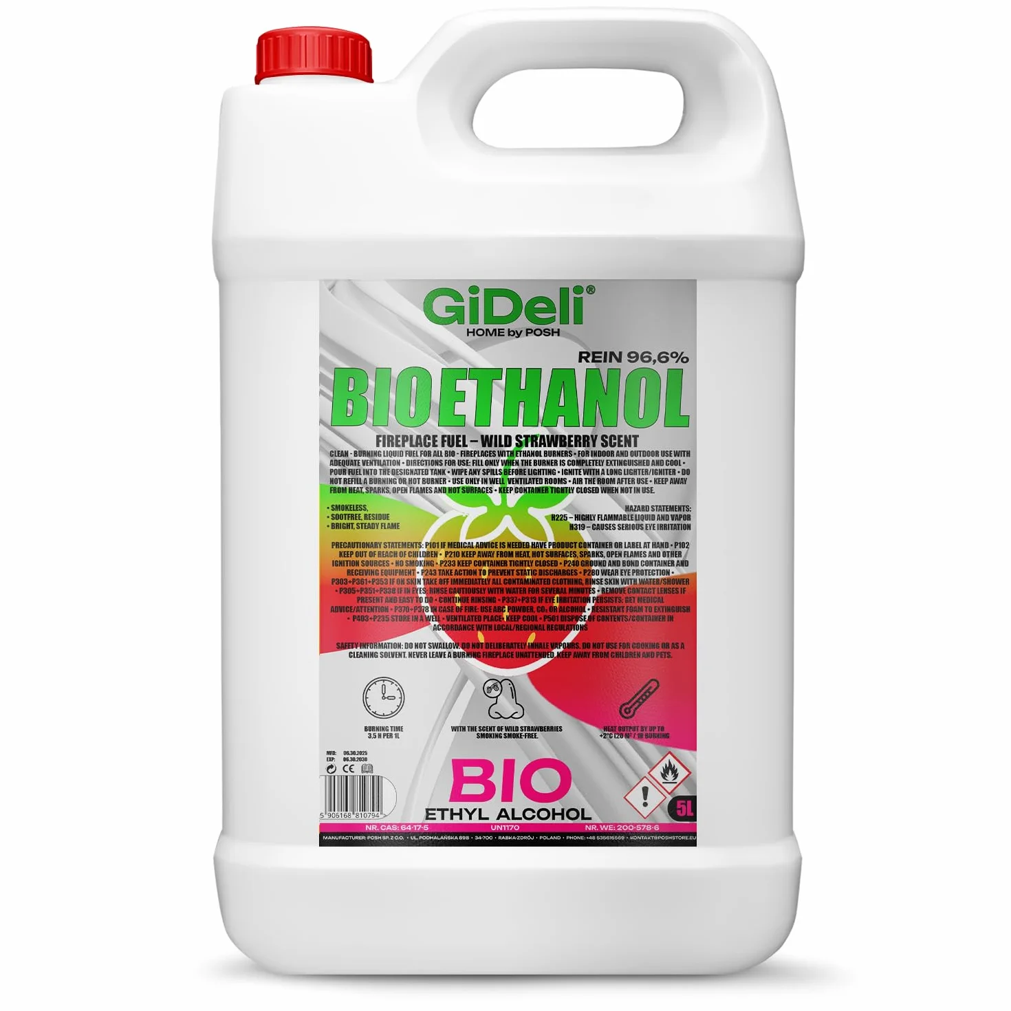 GiDeli bioéthanol 5l parfum de fraise des bois 96,6% éthanol pour cheminées intérieures et extérieures sans fumée et suie - À base de maïs et de betteraves à sucre