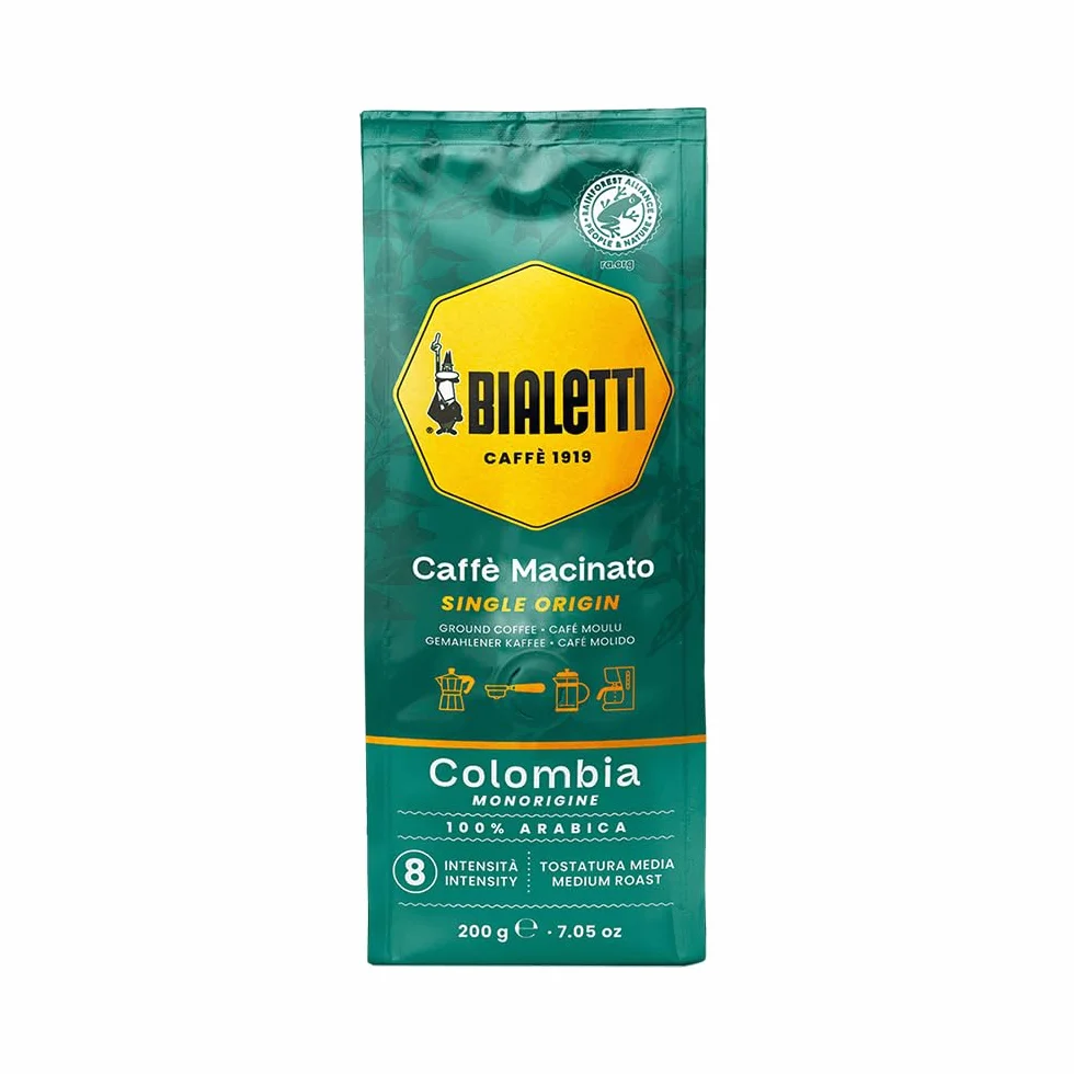 Bialetti Café Moulu Colombie Origine Unique 100 Pour Cent Arabica 200g Torréfaction Moyenne Intensité 8