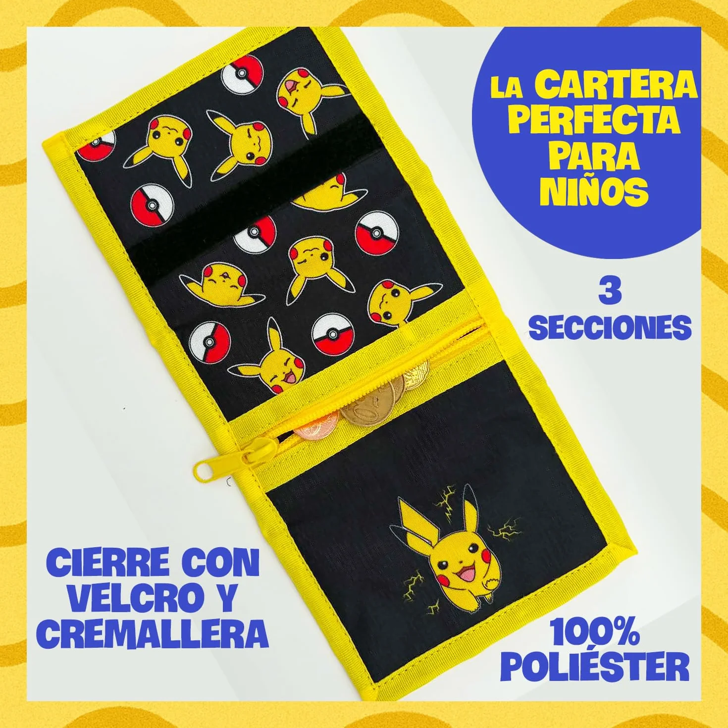 Pokémon Portefeuille Enfant Officiel Pikachu Tri-Fold Noir Jaune 3 Sections Poche Zippée Porte-Cartes 9 x 13 cm Cadeau