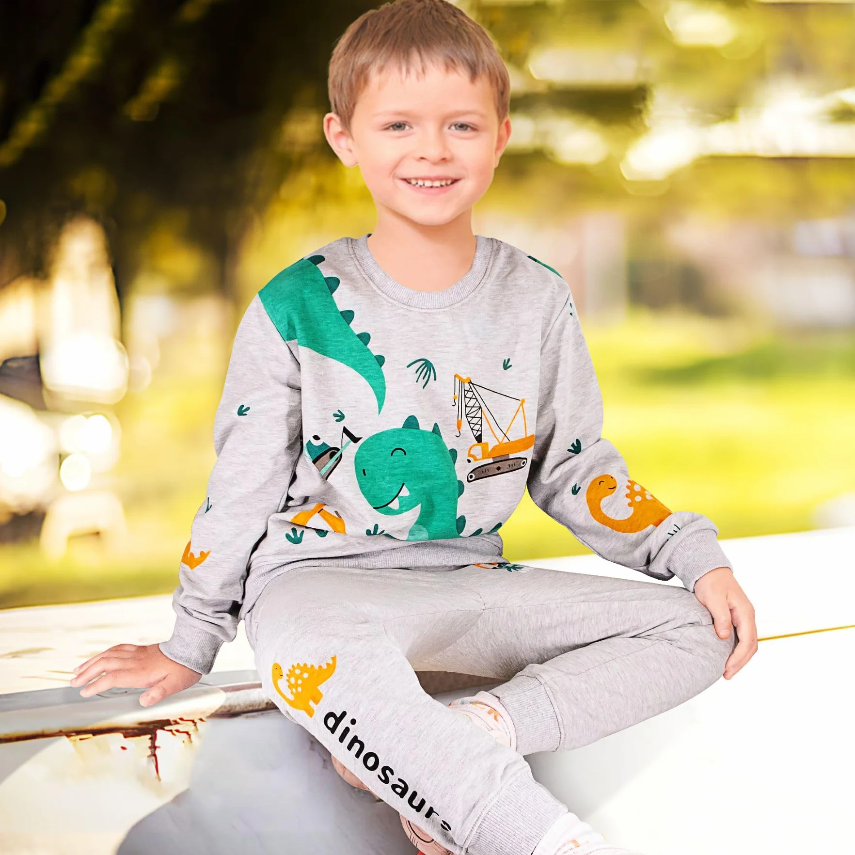Ensembles Survêtements Dinosaure Imprimé Coton Jogging Pantalons et Haut Pullover pour Garçon 2-7 Ans