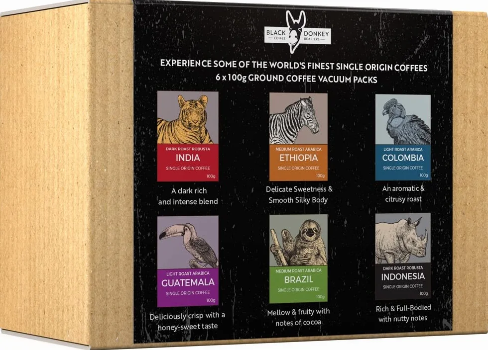 Black Donkey - WORLD'S COFFEES | Pack Gourmet Café Moulu 600g (6x100g) | 6 Meilleurs Cafés d'Origine Unique | Idée Cadeau pour Elle et Lui