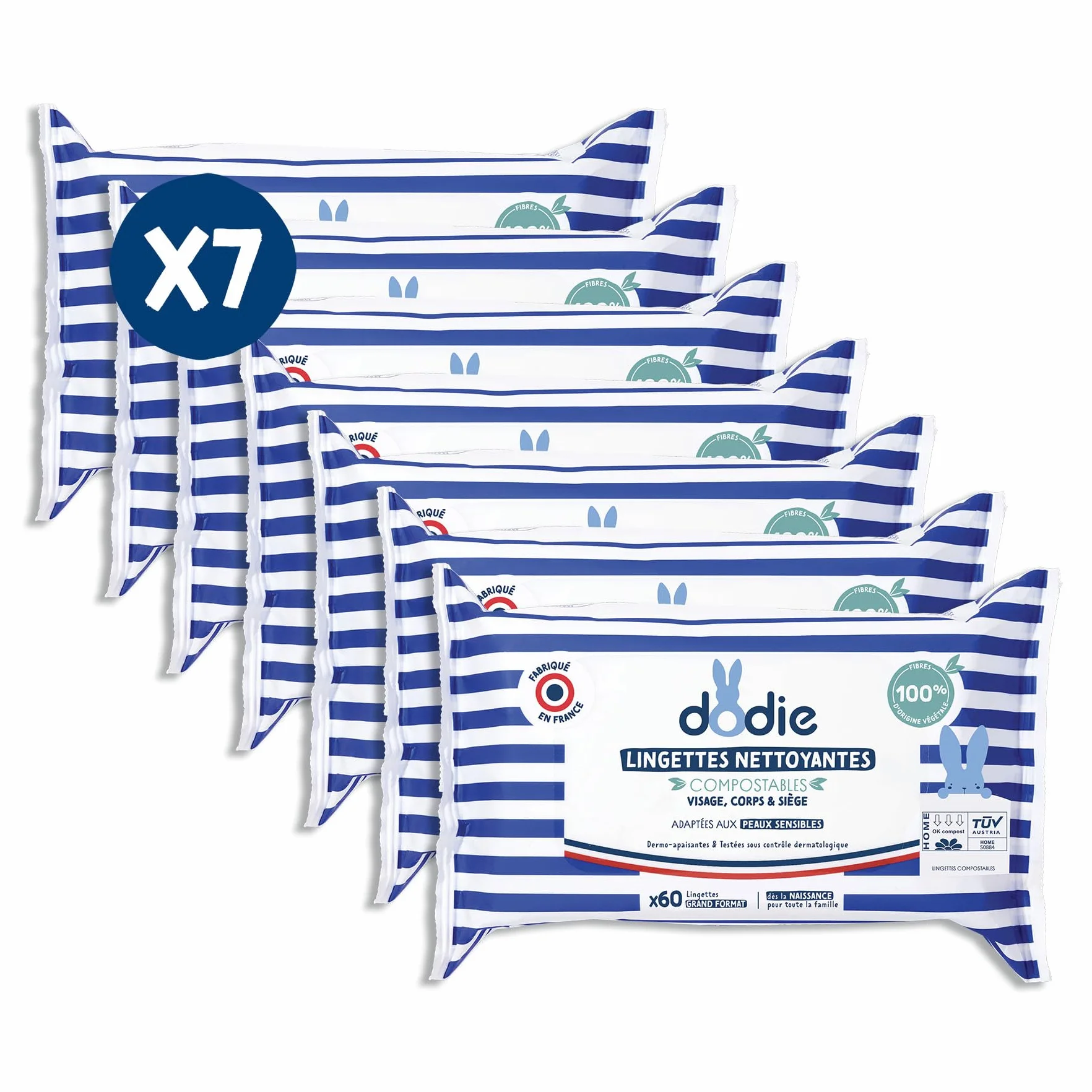 Dodie Lot de 7 Paquets de Lingettes compostables dermo-apaisantes x60