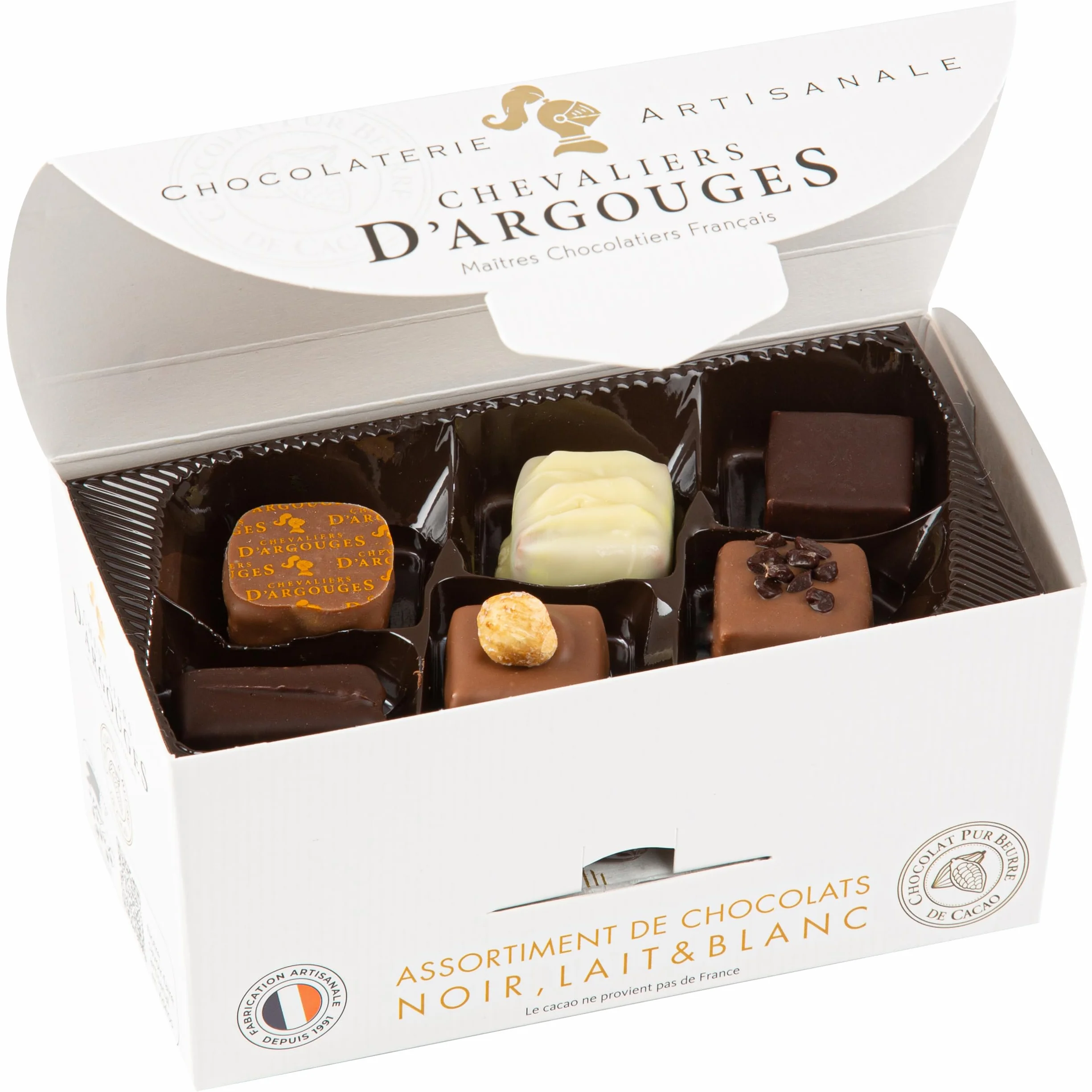 Chevaliers d'Argouges Assortiment de chocolats noir lait blanc Ballotin dégustation 175g