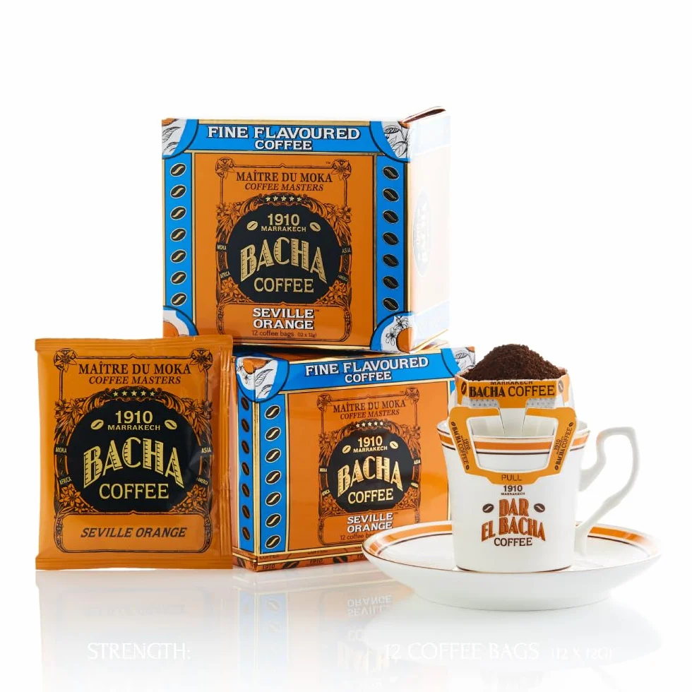 Bacha Coffee - Café Seville Orange Arômes Délicats - 12 Sachets de 12g | Arômes Chocolat, Agrumes - 100% Arabica avec filtre intégré - Torréfaction Medium - Caféiné