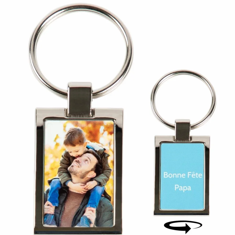 Porte-Clef Métal Argenté Rectangle avec Photo Imprimée Recto Verso Personnalisé Cadeau Homme