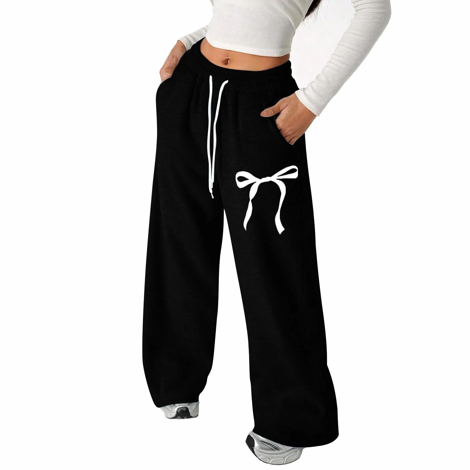 Pantalon jogging Filles Baggy avec Nœud Taille Élastique Cordon de Serrage Poches Jambe Large Couleur Unie Enfants Ado 4-16 Ans