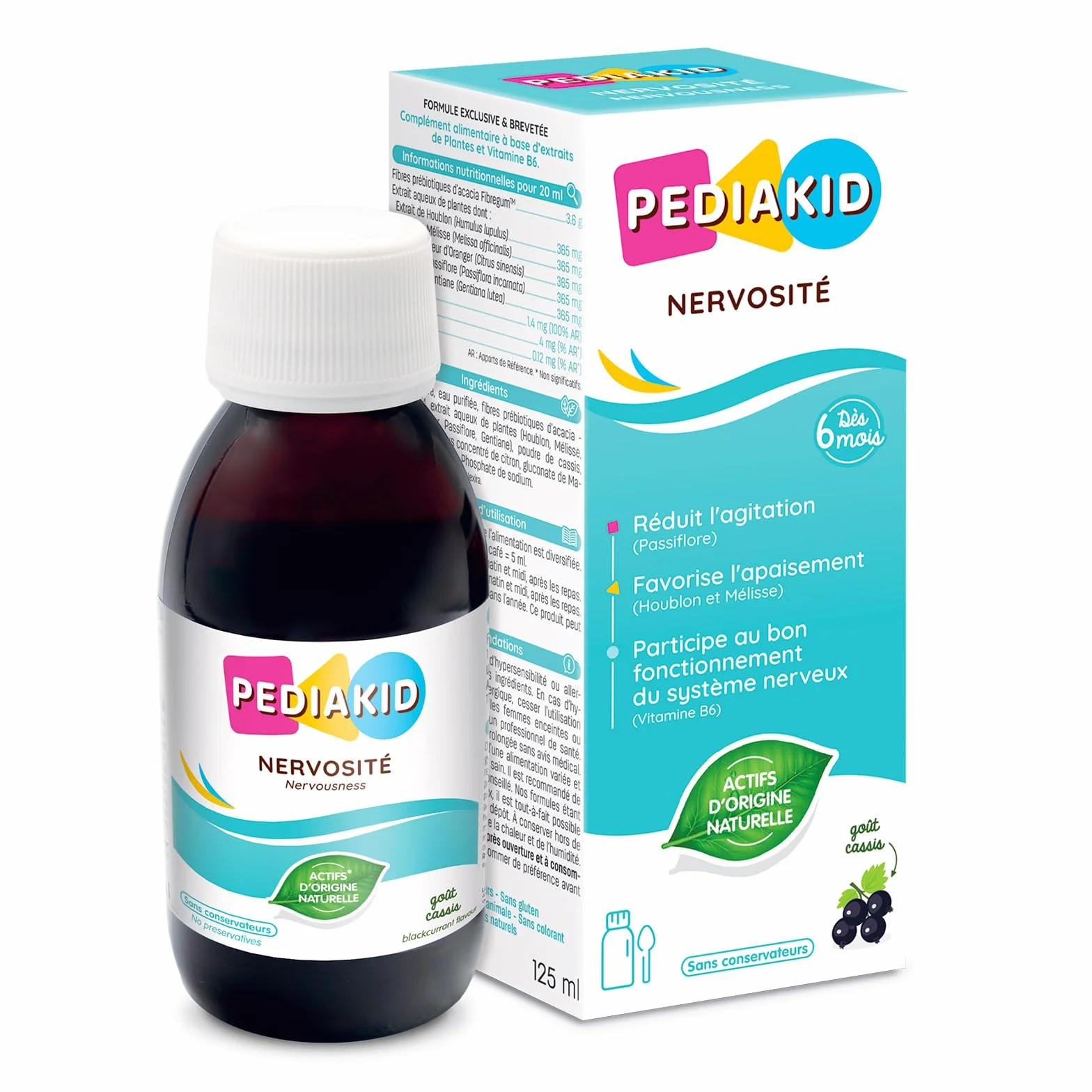 PEDIAKID - Sirop Nervosité - Complément alimentaire naturel - Formule exclusive au sirop d'Agave - Favorise l'apaisement & l'équilibre émotionnel - Réduit l'agitation - Goût Cassis - Flacon de 125 ml
