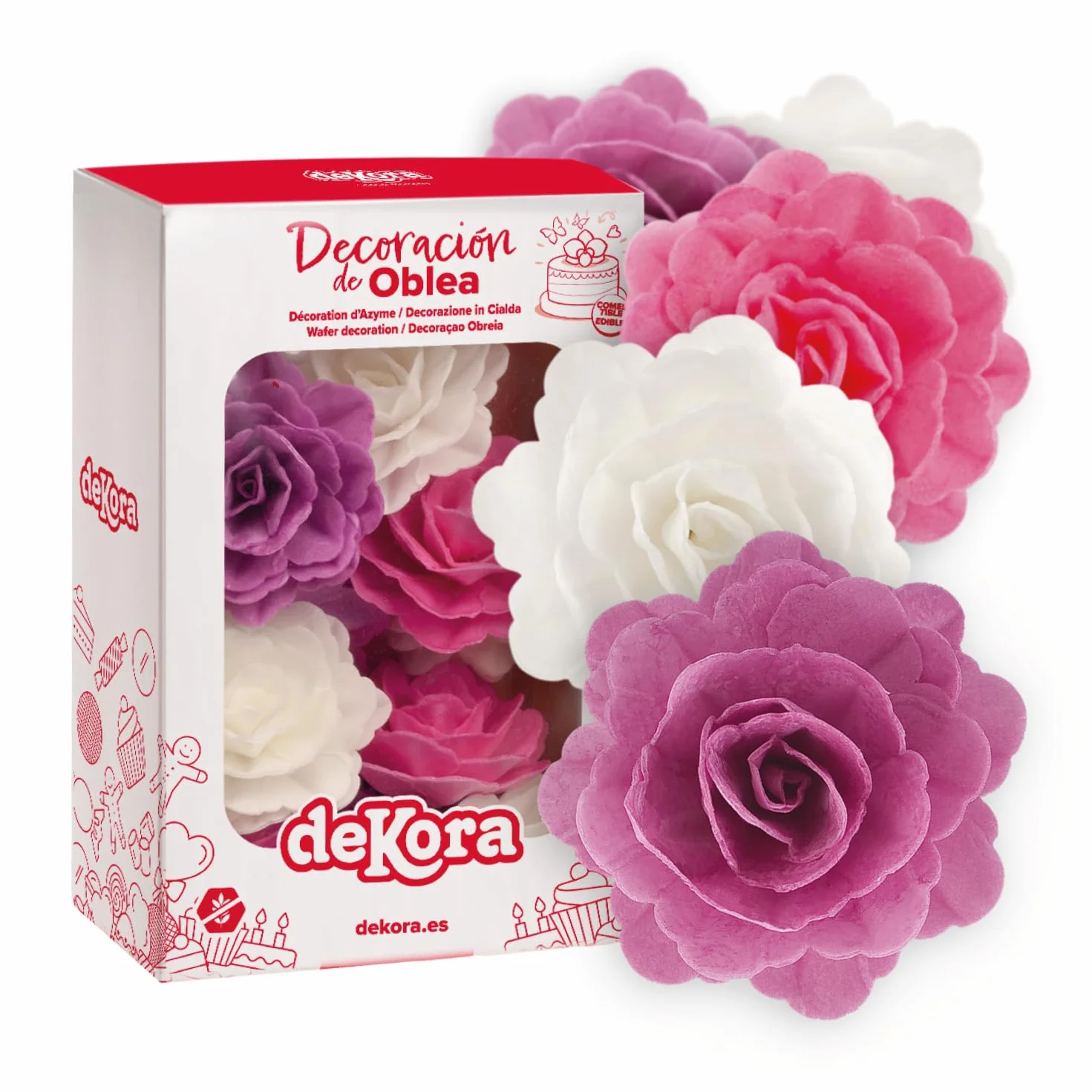 dekora - Roses de Printemps en Gaufrette, 15 Fleurs Comestibles pour Gâteaux, 7 cm, sans sucre, sans gluten, sans lactose, couleurs assorties, Décoration Gâteau pour Anniversaire, Mariage, Baptême