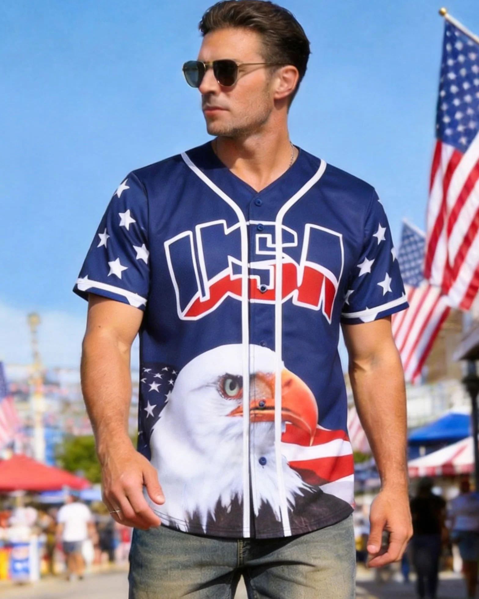 Maillot de baseball USA homme Drapeau américain Statue de la Liberté aigle Amérique Chemise sport