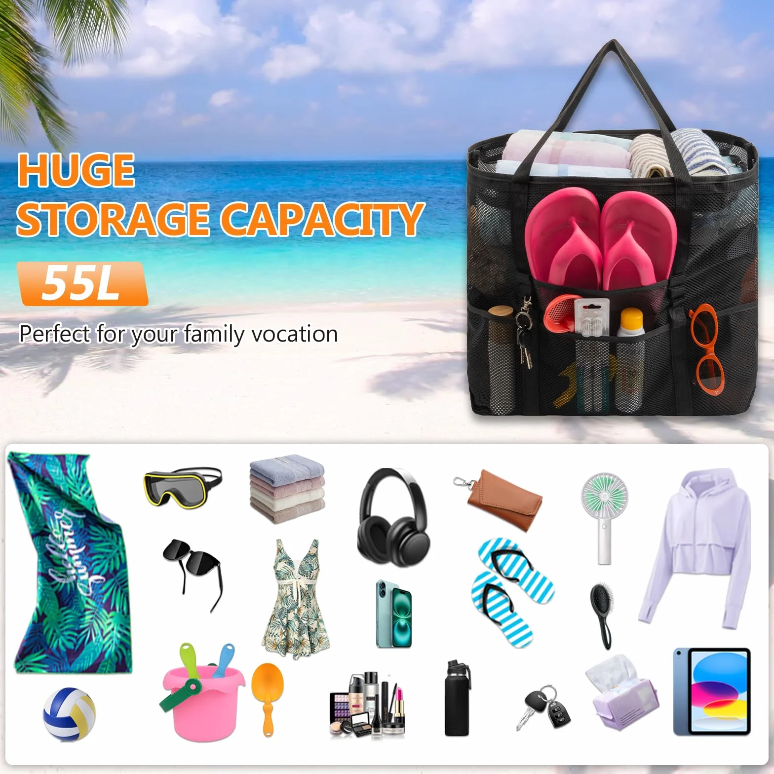 Grand Sac de Plage XXL Famille Cabas Femme Pliable Anti-Sable Rangement Plage Piscine Voyage Shopping