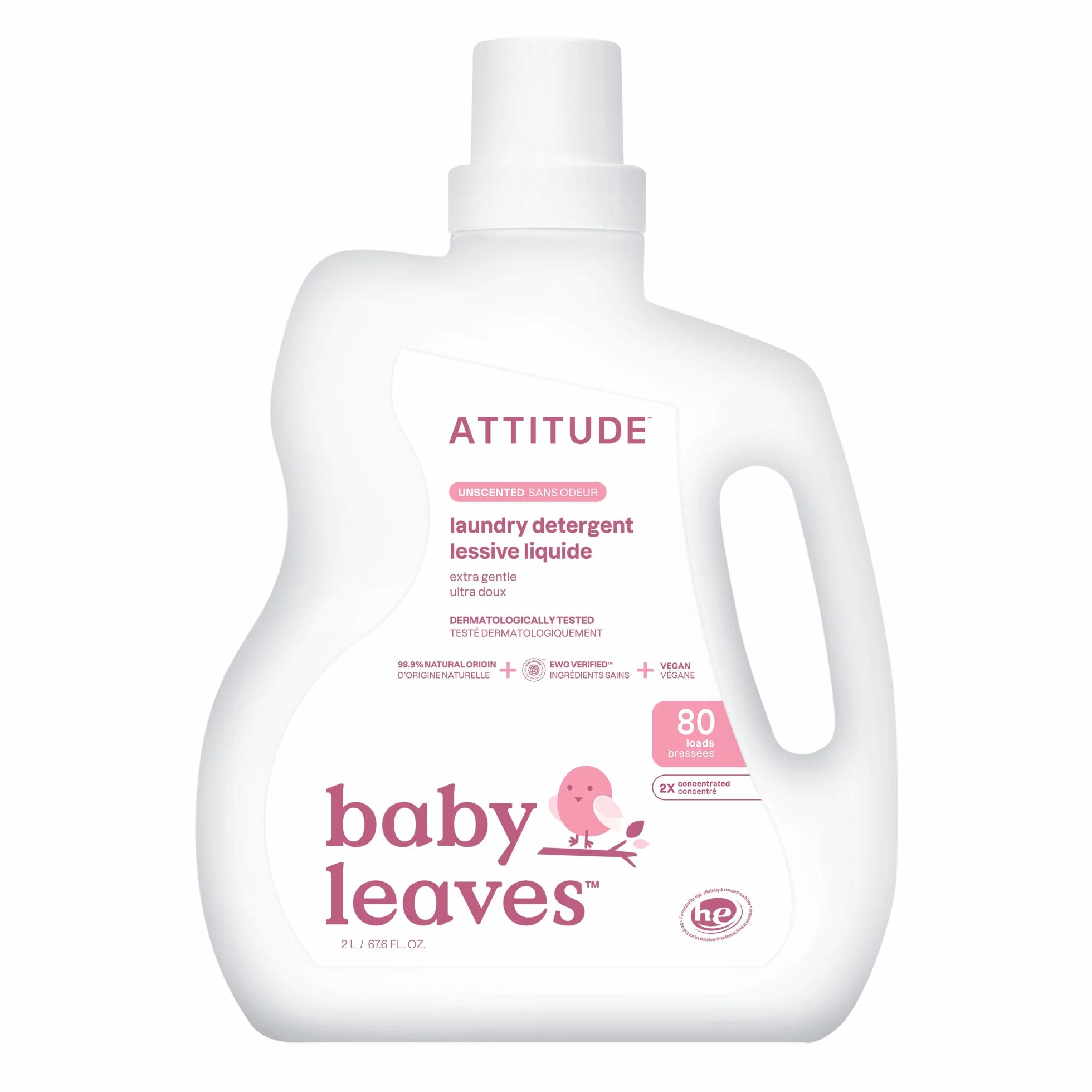 ATTITUDE Lessive Liquide pour Bébé, Certifié EWG Verifié, Vêtements de bébé et Nouveau-Né, Végan, Ingrédients d'Origine Naturels, Sans Parfum, 80 Brassées, 2 Litres