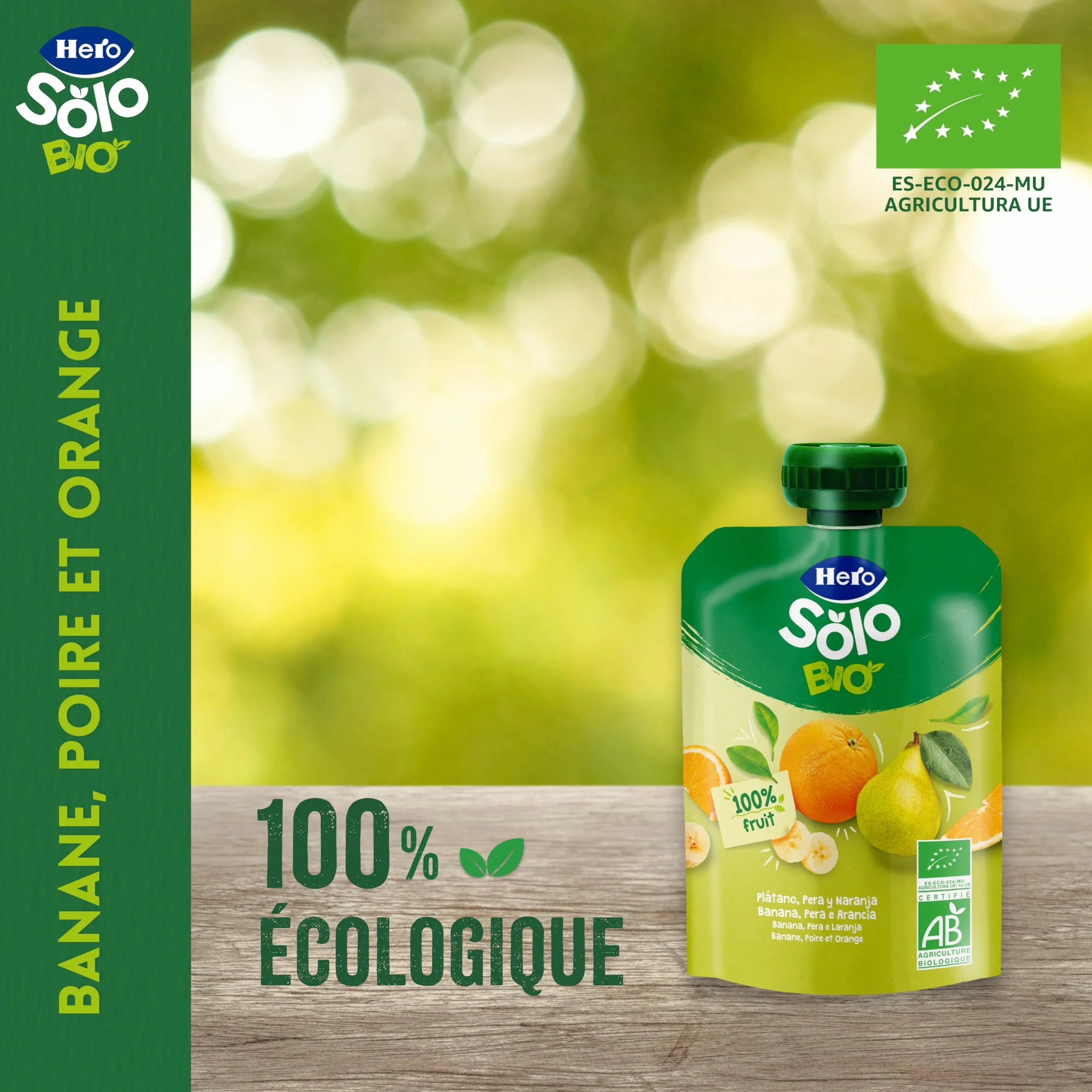 Hero Solo - Gourde Bio De Banane, Poire et Orange – Puree de Fruits BIO 100% Naturels, Compote Sans Sucre Ajouté, Sans Gluten - pour Bébés Dès 4 Mois - Lot de 18 X 100 g