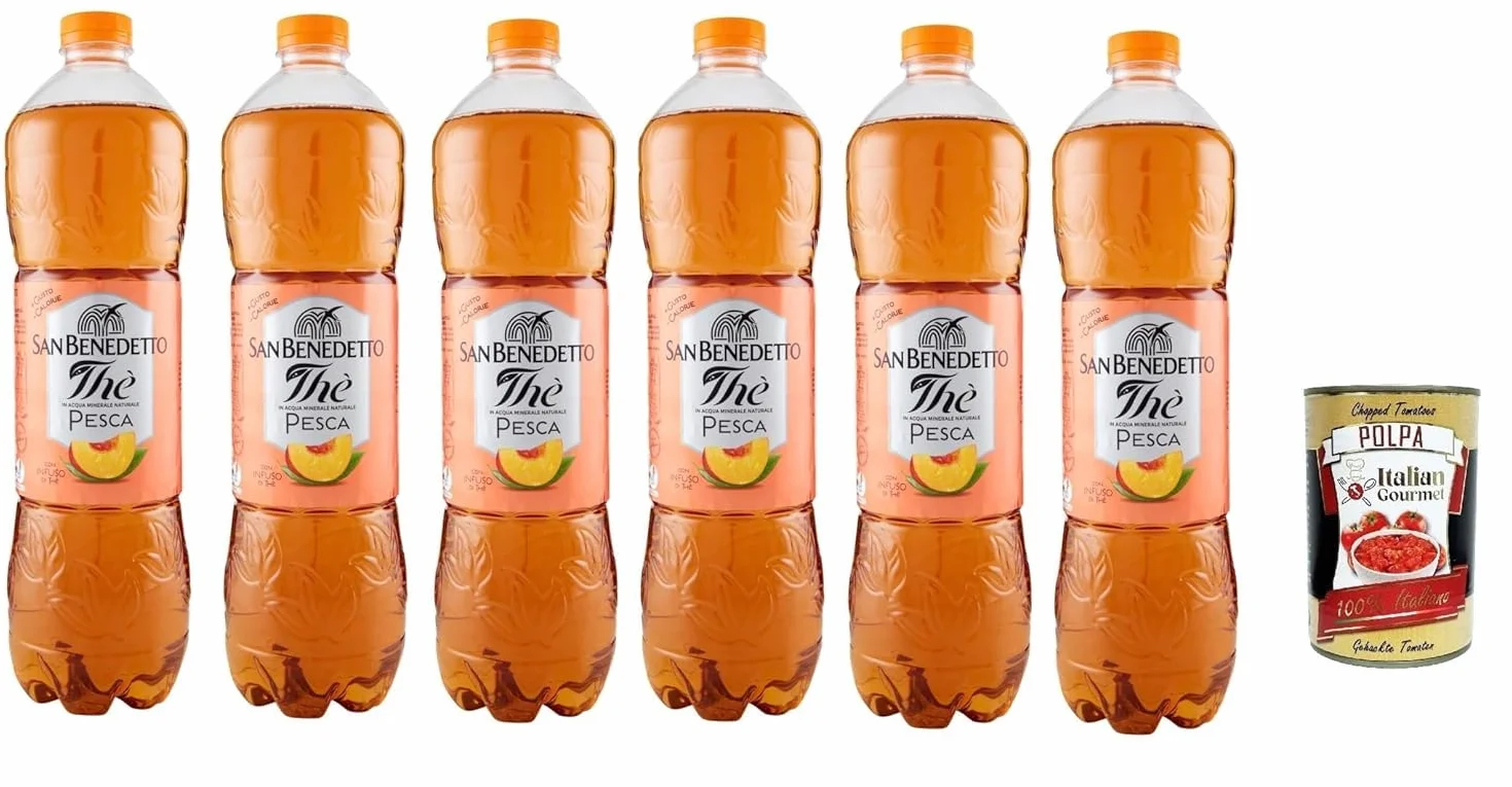 San Benedetto the pesca 6x 1,5 L, thé glacé le «Peach Pet jetable, thé glacé rafraîchissant, sans conservateurs et colorants artificiels + Italian Gourmet polpa 400g