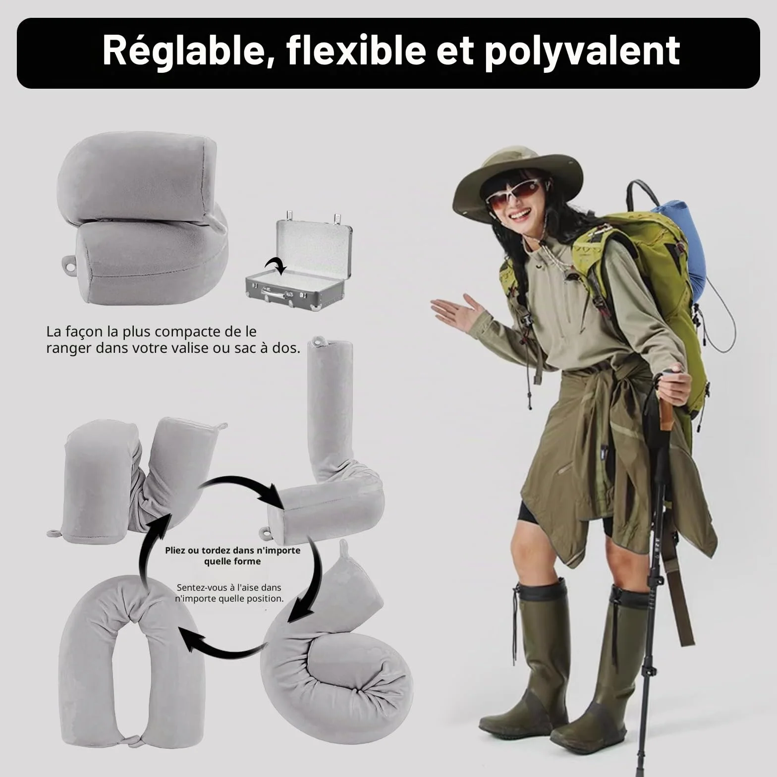 EPROICKS Coussin de Voyage Oreiller Cervical Mémoire Forme Pliable Avion Voiture Train Gris