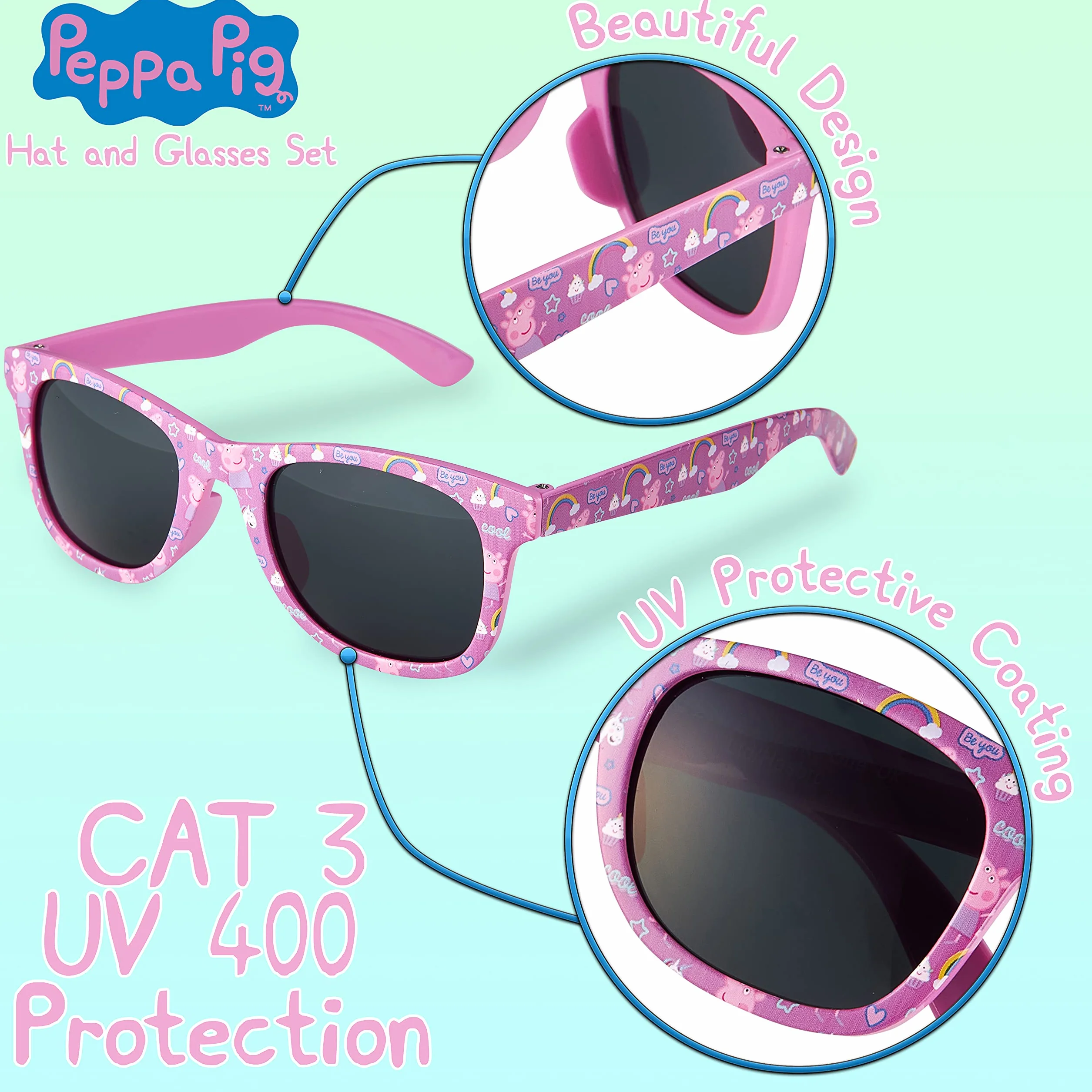 Peppa Pig Casquette Enfant Fille Lunettes de Soleil UV400 Baseball Brillante Accessoires Été
