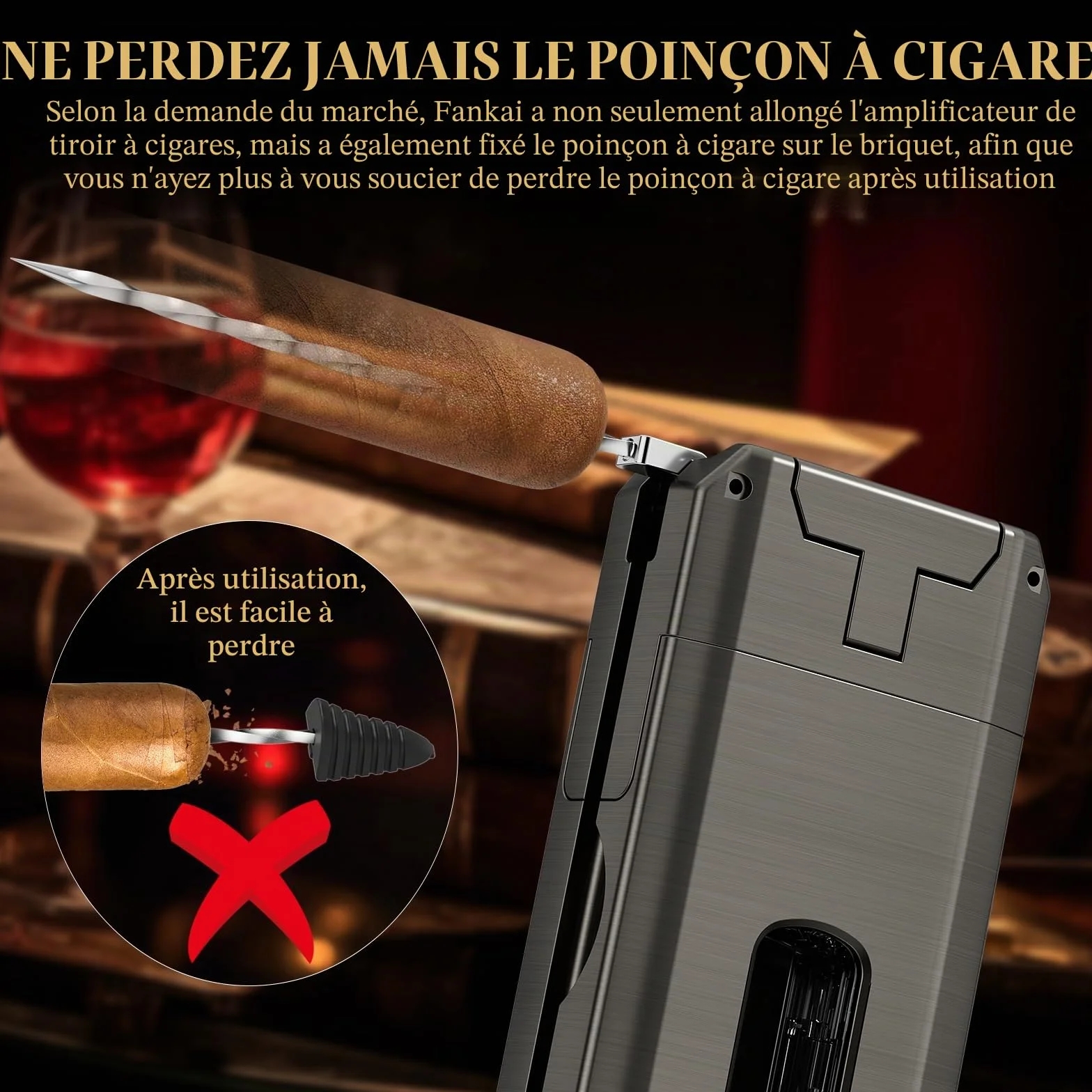 Allume-cigare, briquet à cigarettes 5 en 1 avec emporte-pièce en V, poinçon à cigarettes, support à cigares, jeu de poker à cigarettes, briquet au butane, flamme double jet, cadeau de
