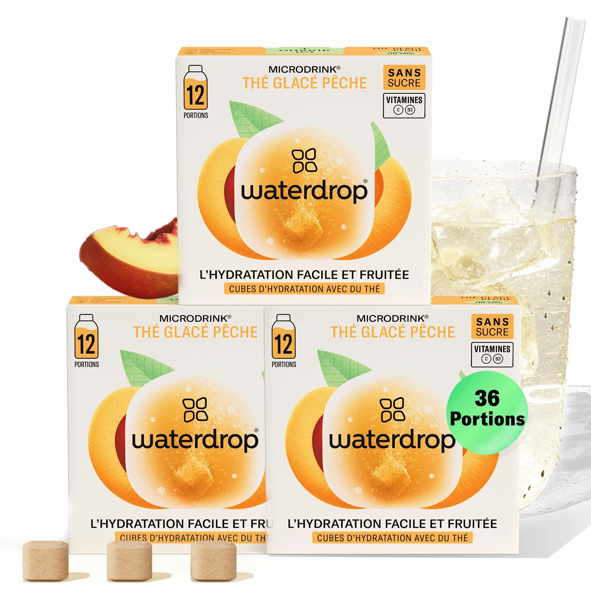 waterdrop® Thé Glacé Pêche, 36 cubes d'Ice Tea Sans Sucre, Saveur Thé Noir + Pêche, Pastilles d'eau aromatisées pour boissons, Extraits naturels de fruits et de plantes, Enrichi en vitamines