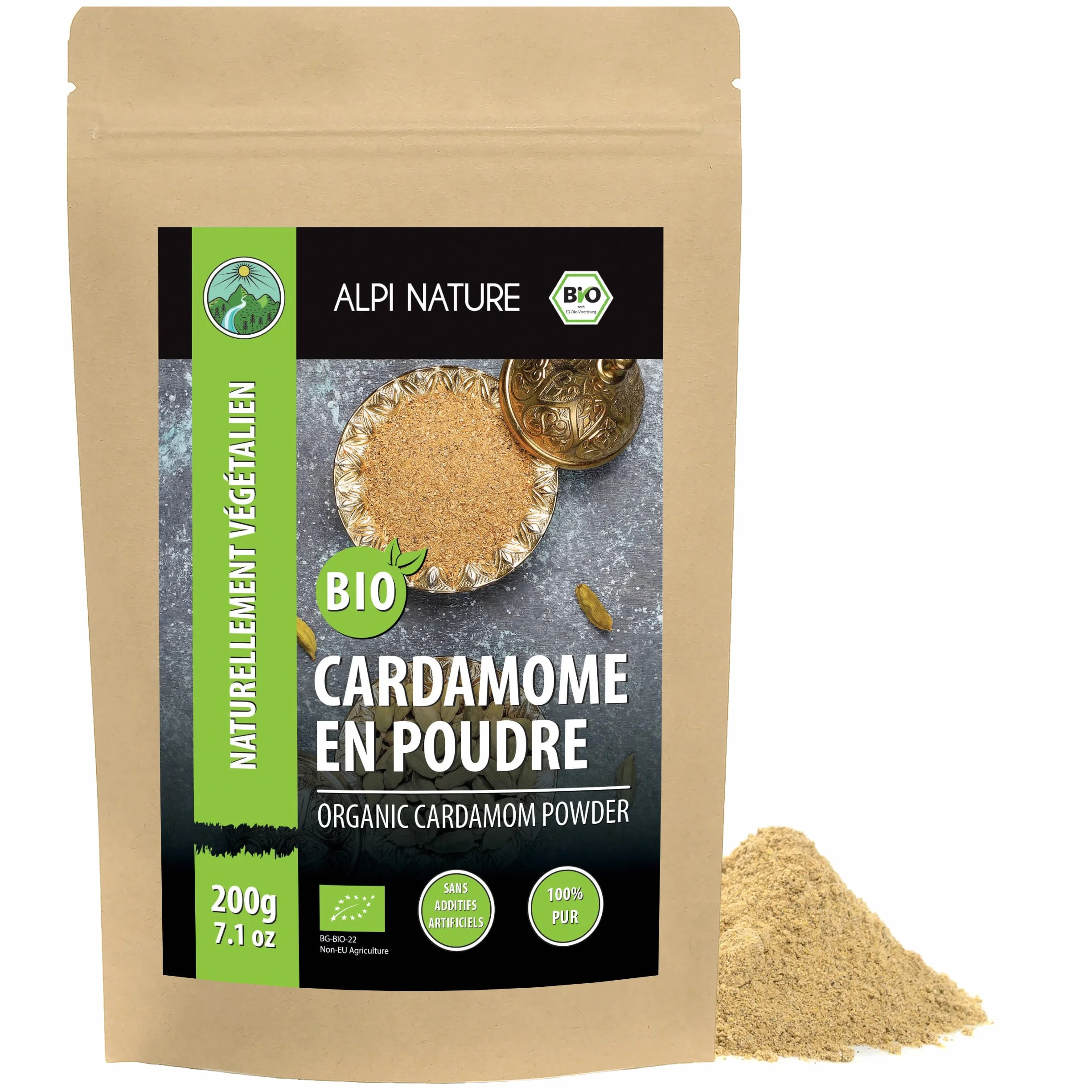 Alpi Nature Cardamome BIO Moulue 200g, Gousses et Graines de Cardamome Verte Moulues pour la Cuisine et la Pâtisserie
